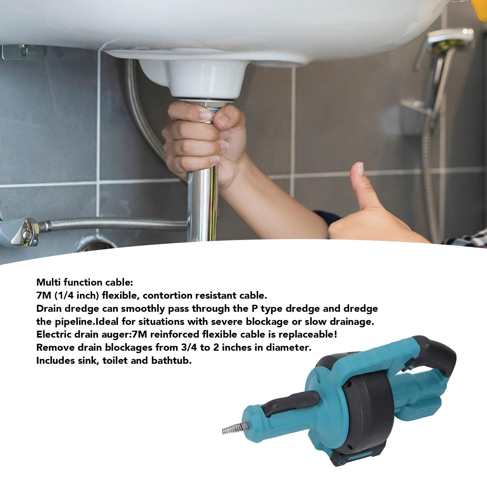 Cordless Electric Drain Auger Lithium Pipe Dredging Machine with 7m Cable, LED Light for Sewer Bathroom 3/4in-2in Pipe (Blue)