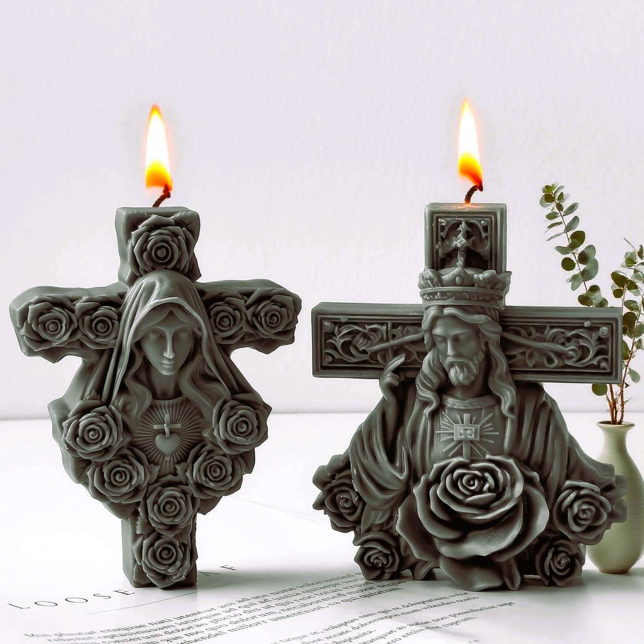 Relief Figure Cross Candle Molds, Cross with Blooming Roses Silicone Molds for Candles Soap Resin Plaster Cement Craft, Veiled Virgin Mary Soap Mold, Religious Altar Craft (Set)