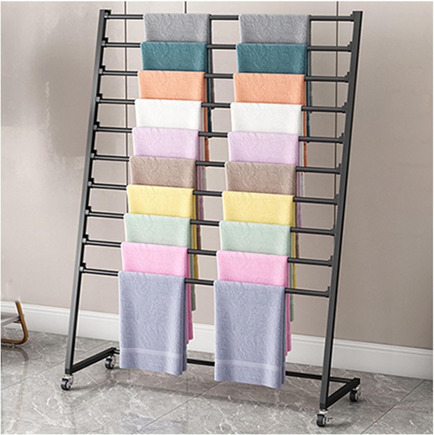 Metal Scarf Holder Organizer Scarf Scarf Display Stand,Freestanding Scarf Display Stand with Wheels,Commercial Retail Shawl Hijab Silk Organizer,Ties Belt Pants Hanging R,Gold,80Cmx40Cmx155Cm