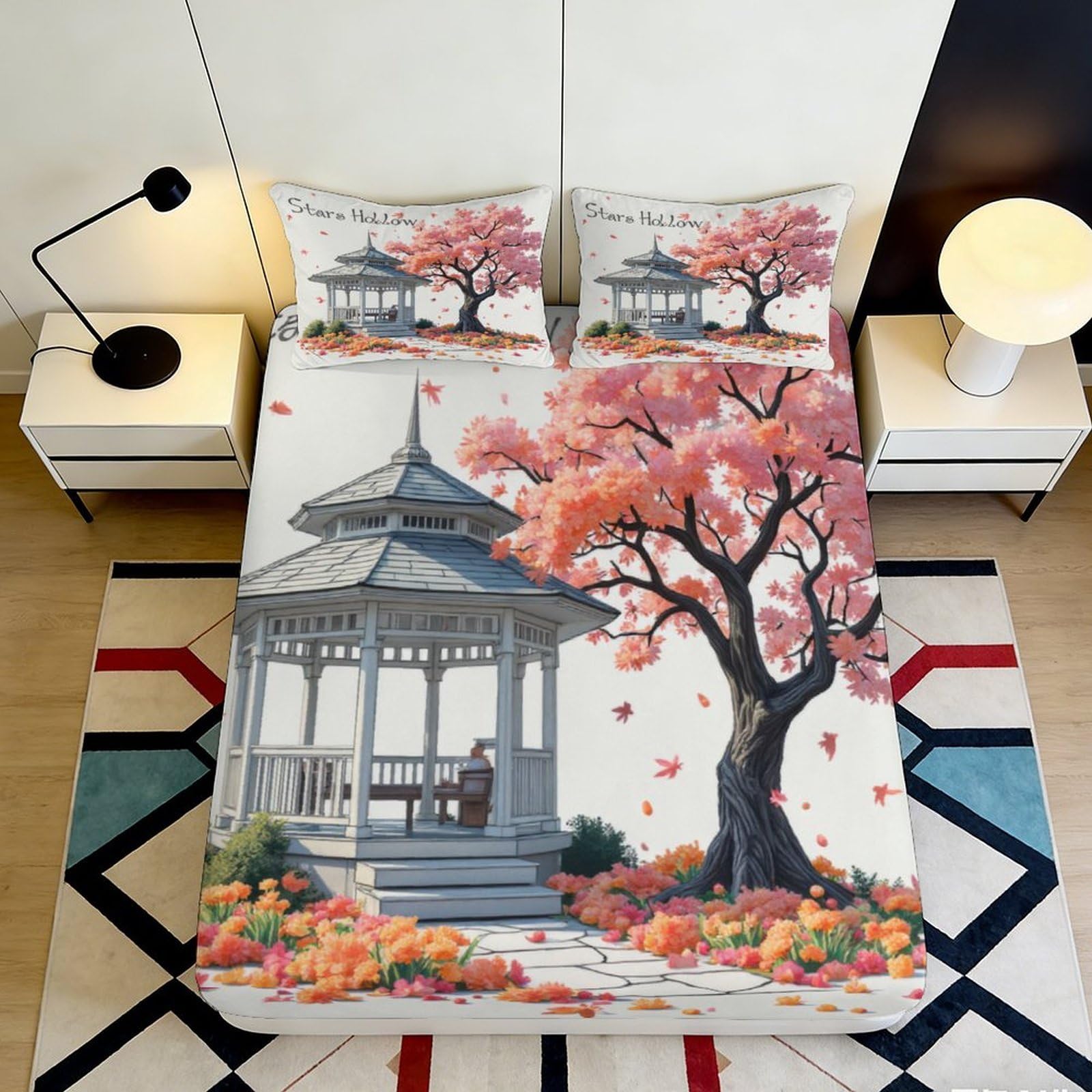 3D Printed Pavilion Blossom Fitted Sheet Microfiber Soft Decorative Autumn Tree Bed Cover for Bedroom Guest Room 90x200x25cm
