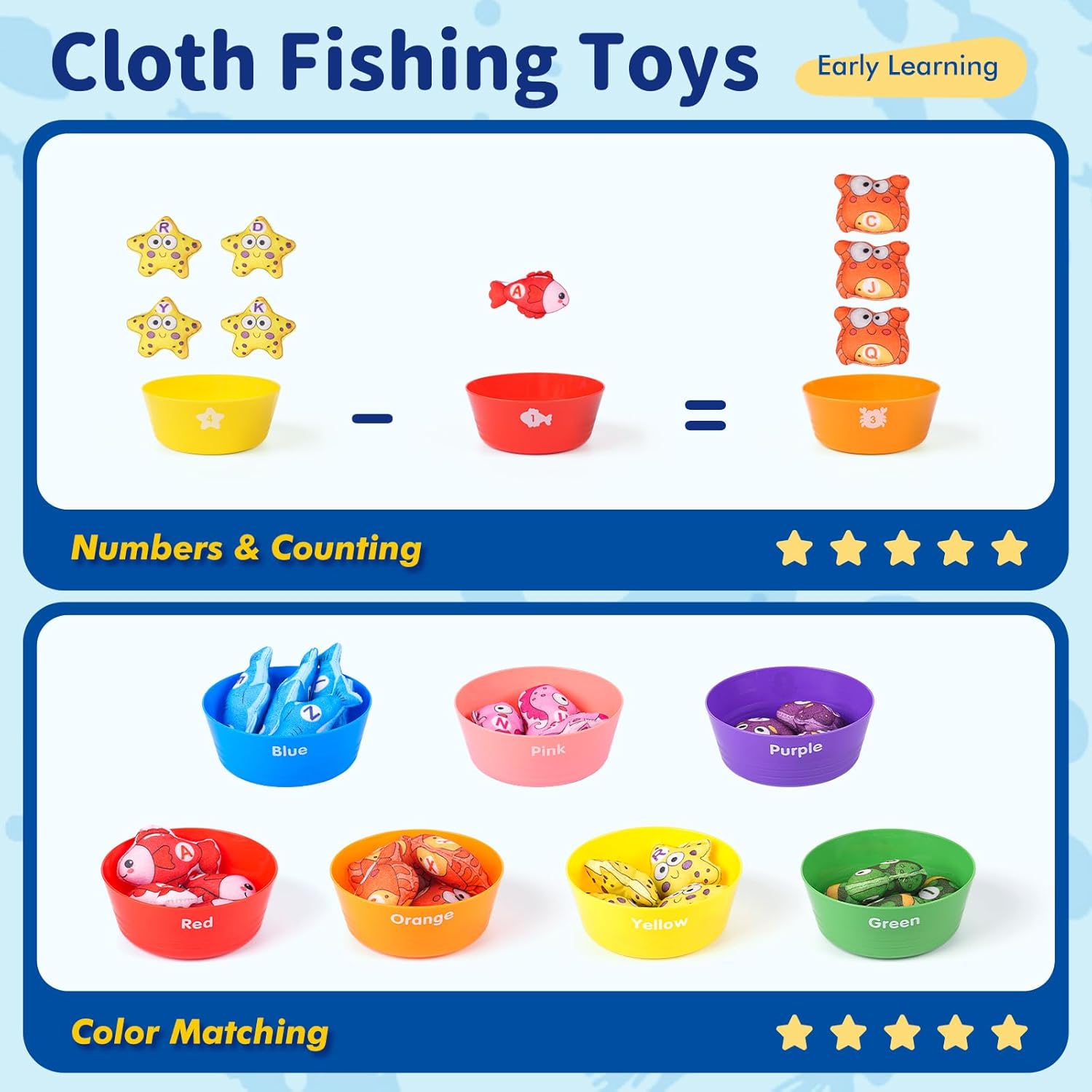 Learning Toy for Toddlers 1 2 3 Years Old, Counting, Matching & Sorting Montessori Learning with Alphabet Sea Animals & 7 Color Sorting Bowls, Fine Motor Skills Boy Girl Gift