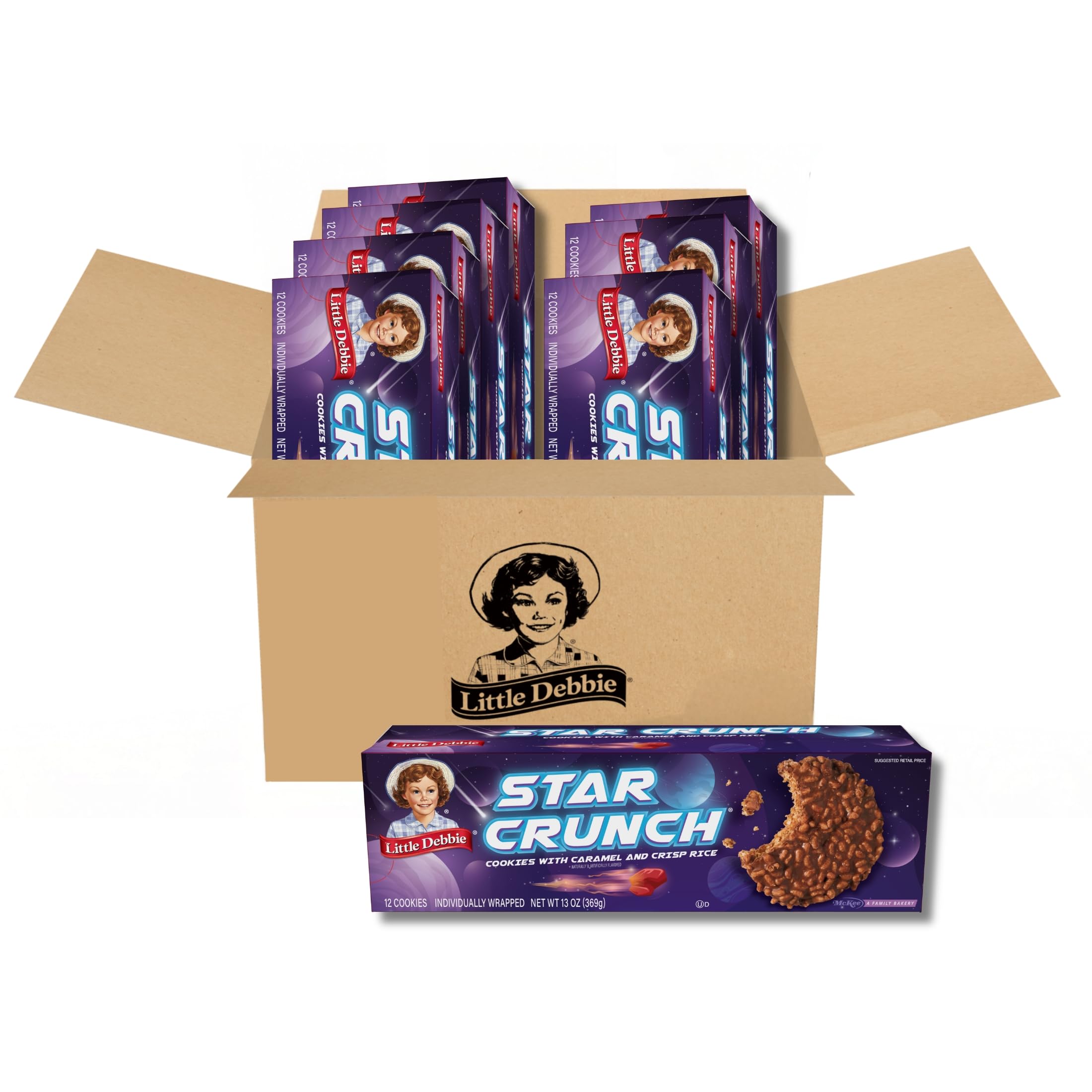 Star Crunch Cosmic Cookies, A soft, chewy cookie topped with caramel and crispy rice and coated with fudge (8 boxes), Brown