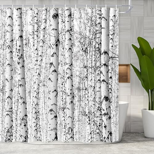 Miniatura 2 de Wathon Cortina de ducha de árboles de abedul, decoración de baño de árbol gris, cortina de baño de bosque de abedul de invierno, juego de baño