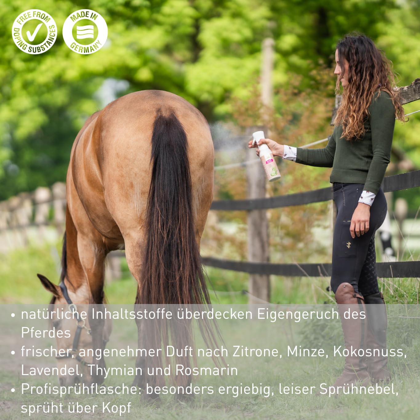Bense & Eicke PferdeDeo Superfresh 500 ml - Natürliches Pferdedeo Spray für Fellpflege, frischer Duft, pflegende Öle, Keine Flecken Duftnote: Kokosnuss, Zitrone, Minze, Lavendel, Thymian und Rosmarin