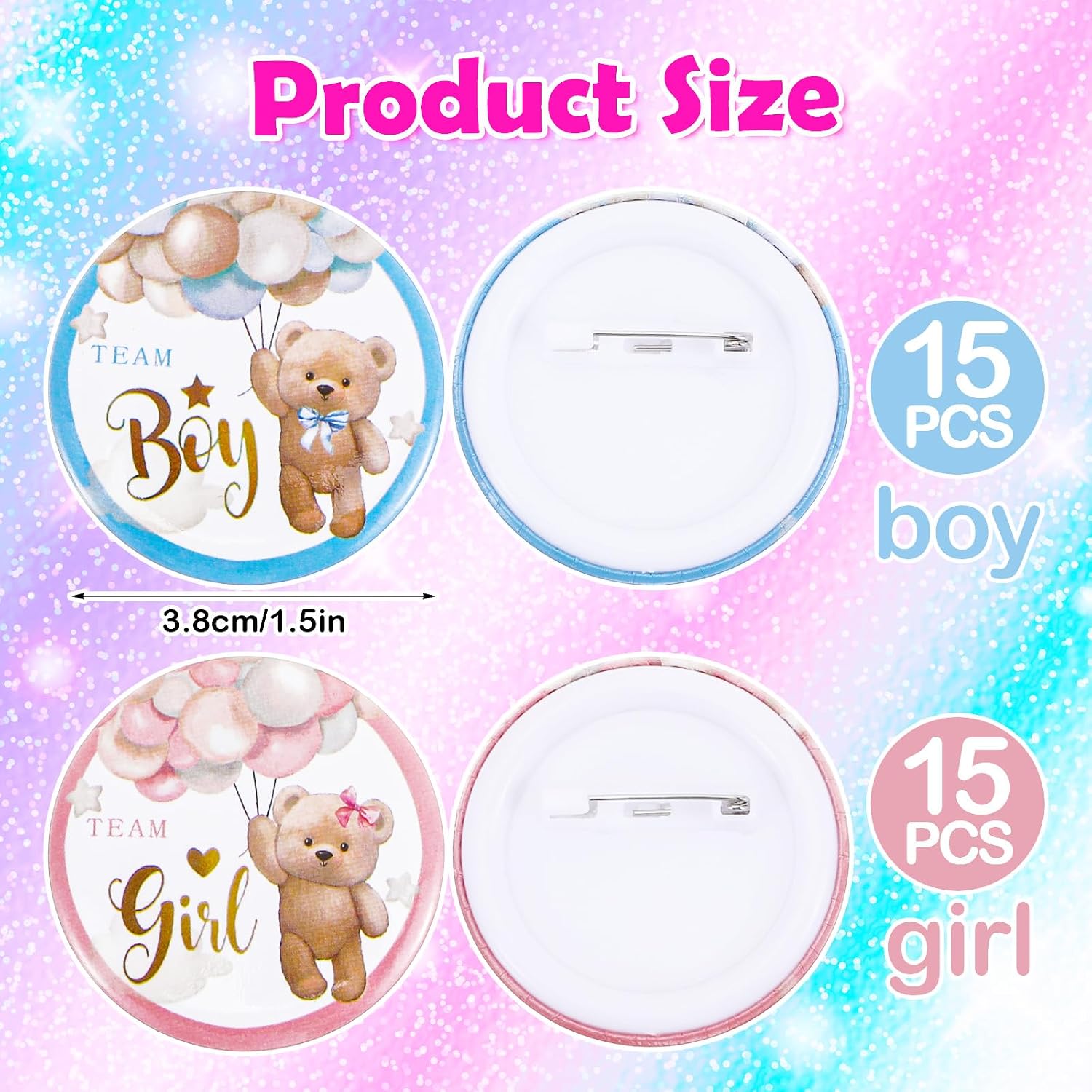 Tyqour 30pcs Gender Reveal Pins Team Boy or Girl Pins for Baby Reveal Decorations, Perfect Gender Reveal Party Supplies & Game Accessories, 1.5 Inch