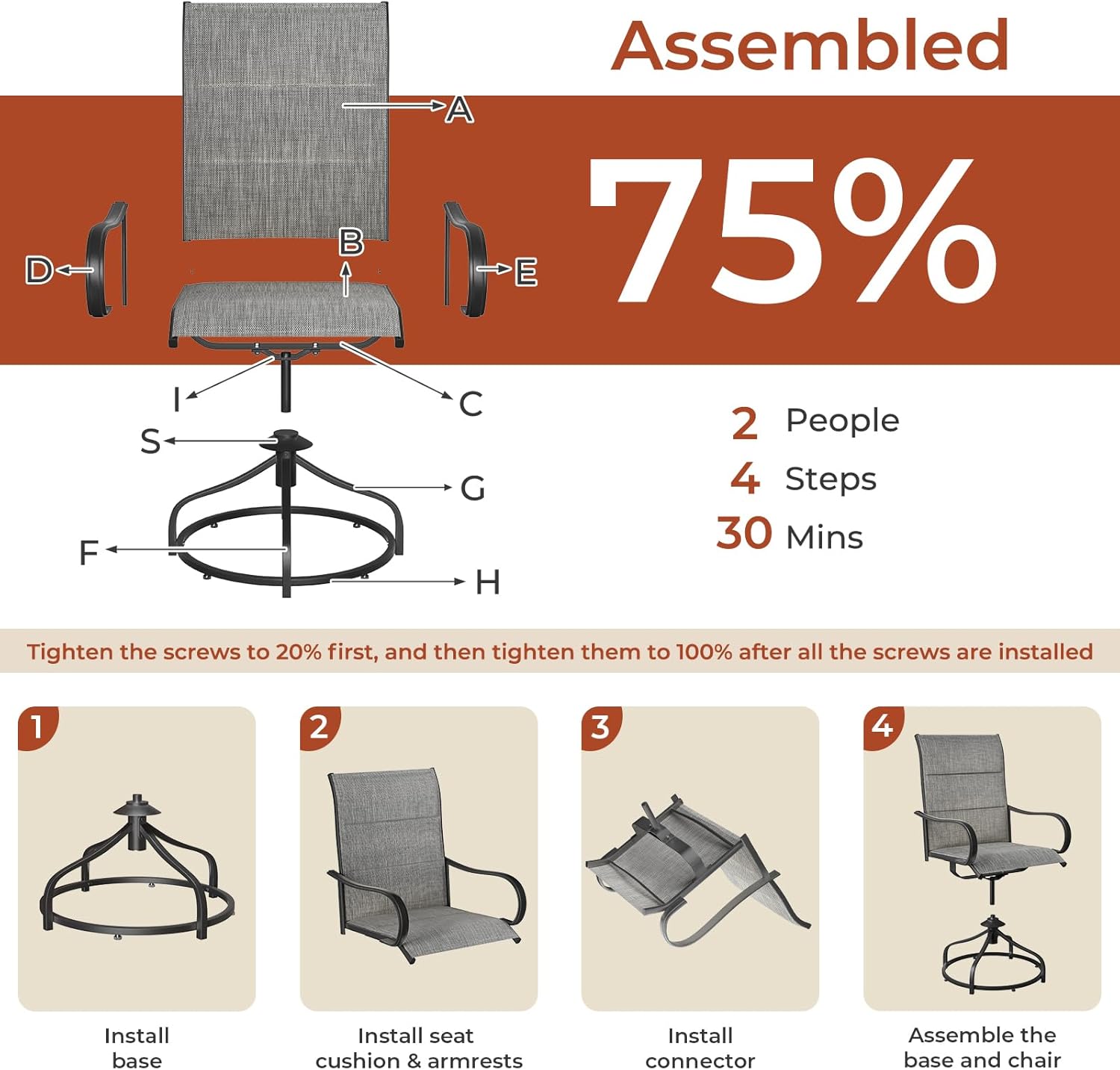 TLSUNNY Patio Padded Swivel Chairs Set of 2, Outdoor 360° Dining Chairs W/Metal Rocking Frame, All-Weather Textilene Heavy-Duty Furniture W/High Back & Armrest, for Garden, Backyard, 330LBS (Grey)