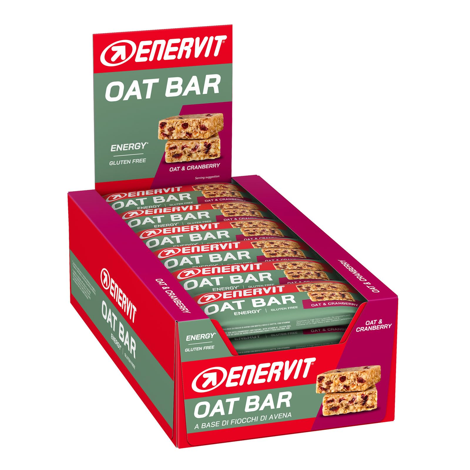 Enervit, Oat Bar Oat & Cranberry, Barretta all’Avena Senza Glutine con Mirtilli Rossi e Uvetta, con Vitamina B1, Snack Energetico per Sport Outdoor e Tempo Libero, 25 Barrette da 50g