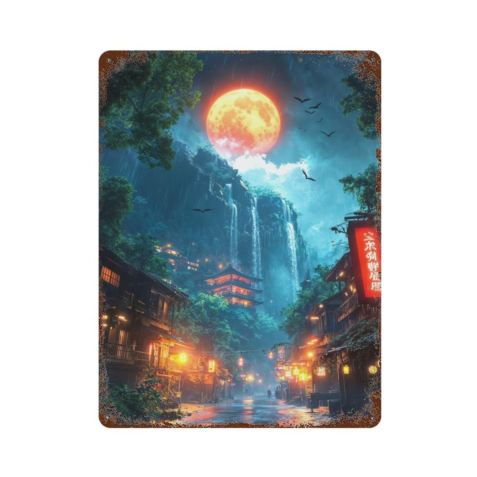 Japanese Night Landscape Rusty Metal Tin Sign 15.7"x11.8", Ideal for Farmhouse, Kitchen And Entryway Decor