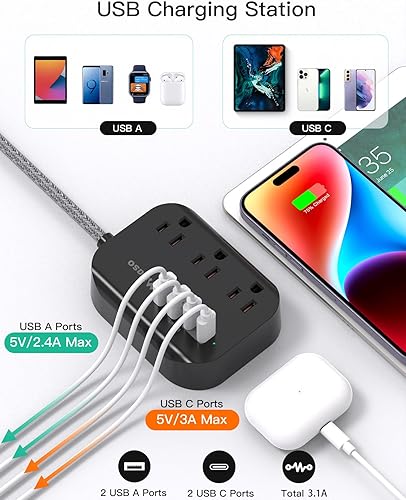 Miniatura 10 de Regleta de alimentación de enchufe plano con puertos USB, cable de extensión de 10 pies con 3 salidas y 3 puertos de carga USB, montaje en pared,