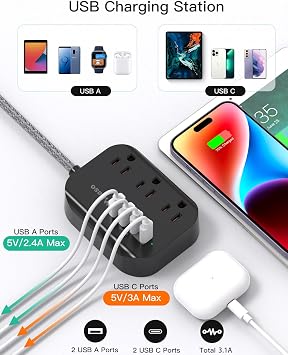 Travel Essentials, Power Strip with USB, Compact Flat Plug Extension Cord | 5FT with 3 Outlets 4 USB Ports, Non Surge Cruise Must Haves, Cruise Ship Essentials, Dorm Room, Apartment Essentials