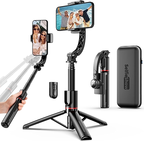 Gimbal estabilizador para smartphone com controle remoto, bastão extensível de alumínio, rotação automática de 360°, equilíbrio automático para gravar vídeos ao vivo, compatível com iPhone/Android