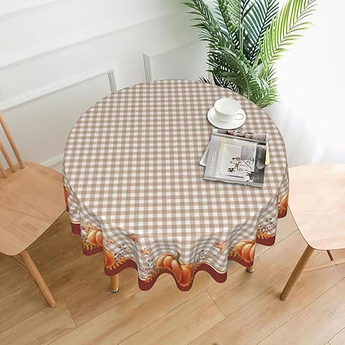 Miniatura 7 de Mantel a cuadros de Acción de Gracias, mantel redondo de otoño de 60 pulgadas, mantel de calabaza otoñal a cuadros de búfalo, tela lavable y