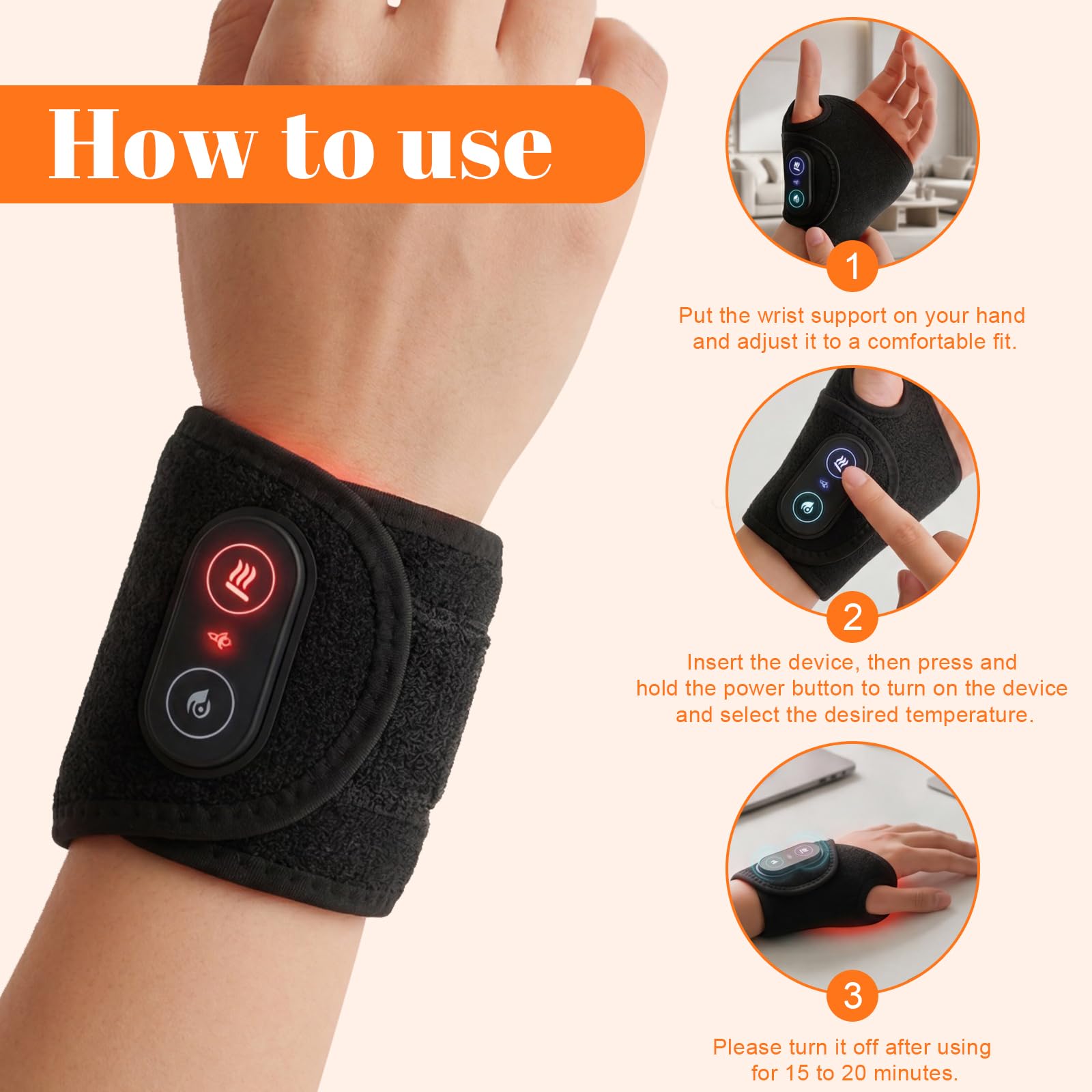 Masajeador de Muñeca Inalámbrico Vibratorio, Portatile Masajeador de Mano y Muñeca, Muñequera Térmica, con 3 Calor, 3 Modos para Calentamiento y Relajación para Muñeca, Mano
