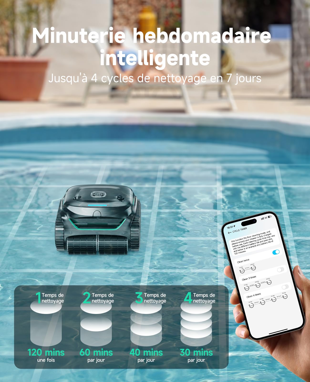 WYBOT C2 – Robot Piscine sans Fil, 3 Moteurs, Double Filtration, Nettoyage Fond, Parois Et Ligne d'eau, Autonomie 180 Min, pour Piscines Enterrées Max 150㎡, App Incluse(Vert Charbon-Gris)