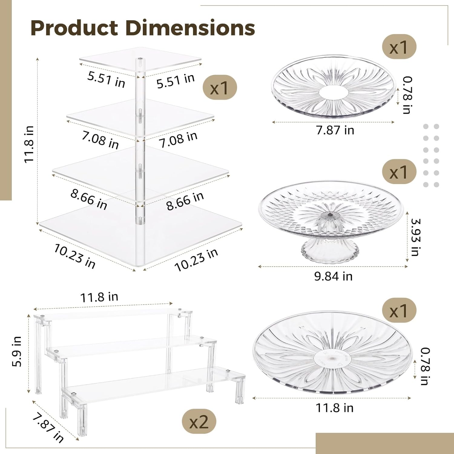 6 Pcs Acrylic Dessert Table Display Set, Including 2 Display Risers, 3-Tier and 4-Tier Cupcake Tower, Clear Round Dessert Trays, Cake Stands for Parties, Weddings, and Events