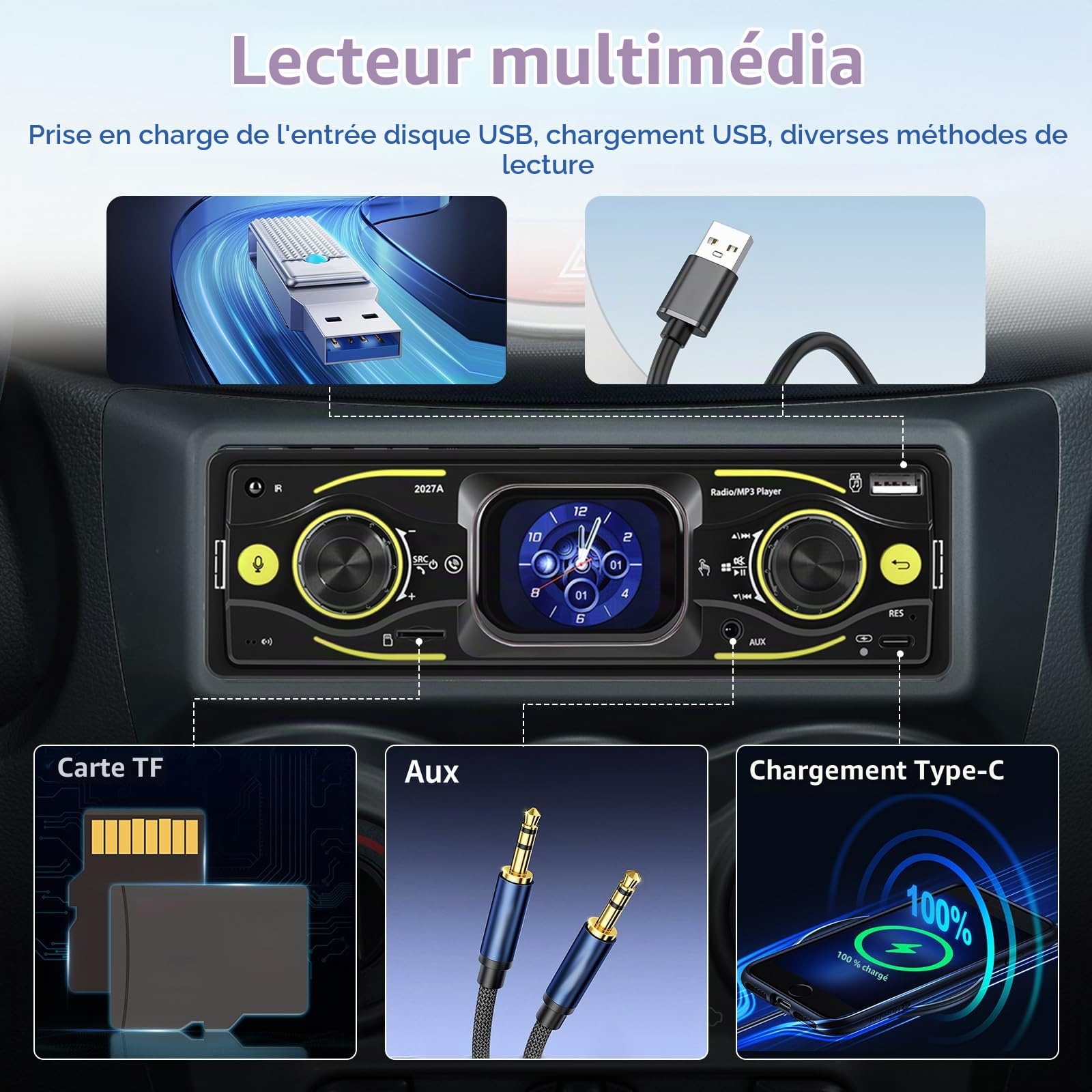 Autoradio 1 DIN Bluetooth FM USB SD AUX Écran Tactile