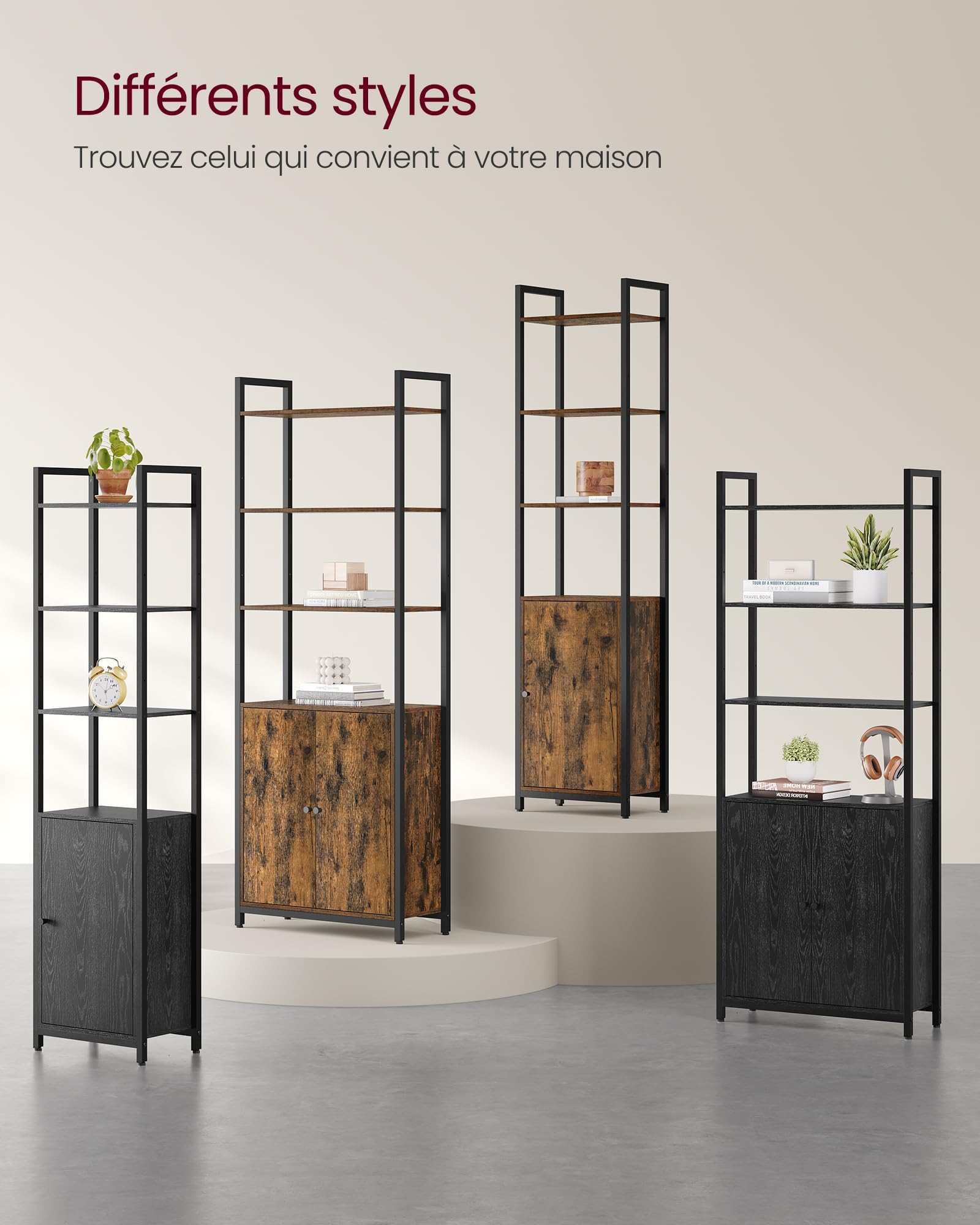 VASAGLE Bibliothèque Verticale à 6 Niveaux avec Porte, Structure en Métal, Étagères Réglables, 24 x 40 x 159,5 cm, pour Salon, Chambre, Marron Rustique et Noir d’Encre LLS132K01
