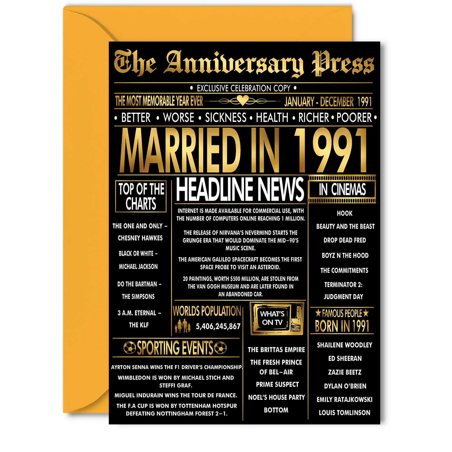 Gold 35th Anniversary Card for Women Men - Golden Newspaper Married in 1991-35 Year Wedding Anniversary Card for Husband Partner Wife Companion, 5x7 Inch Anniversaries Greeting Cards