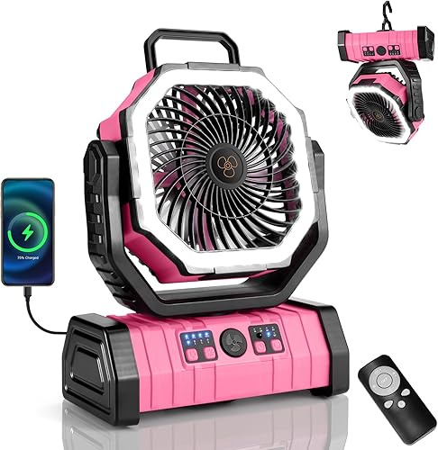 Miniatura 8 de Odoland Ventilador oscilante de campamento de 30000 mAh con linterna LED, funciona con batería recargable, ventilador portátil para tienda de Naranja