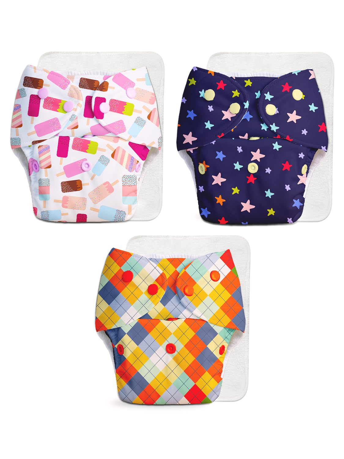 SuperBottoms BASIC Assorted Pack of 3 Diapers with 3 Dry feel Inserts - Freesize cloth diapers | Reusable cloth diapers for babies - Fits babies from 0-3 years - 5-17kgs | Option 4