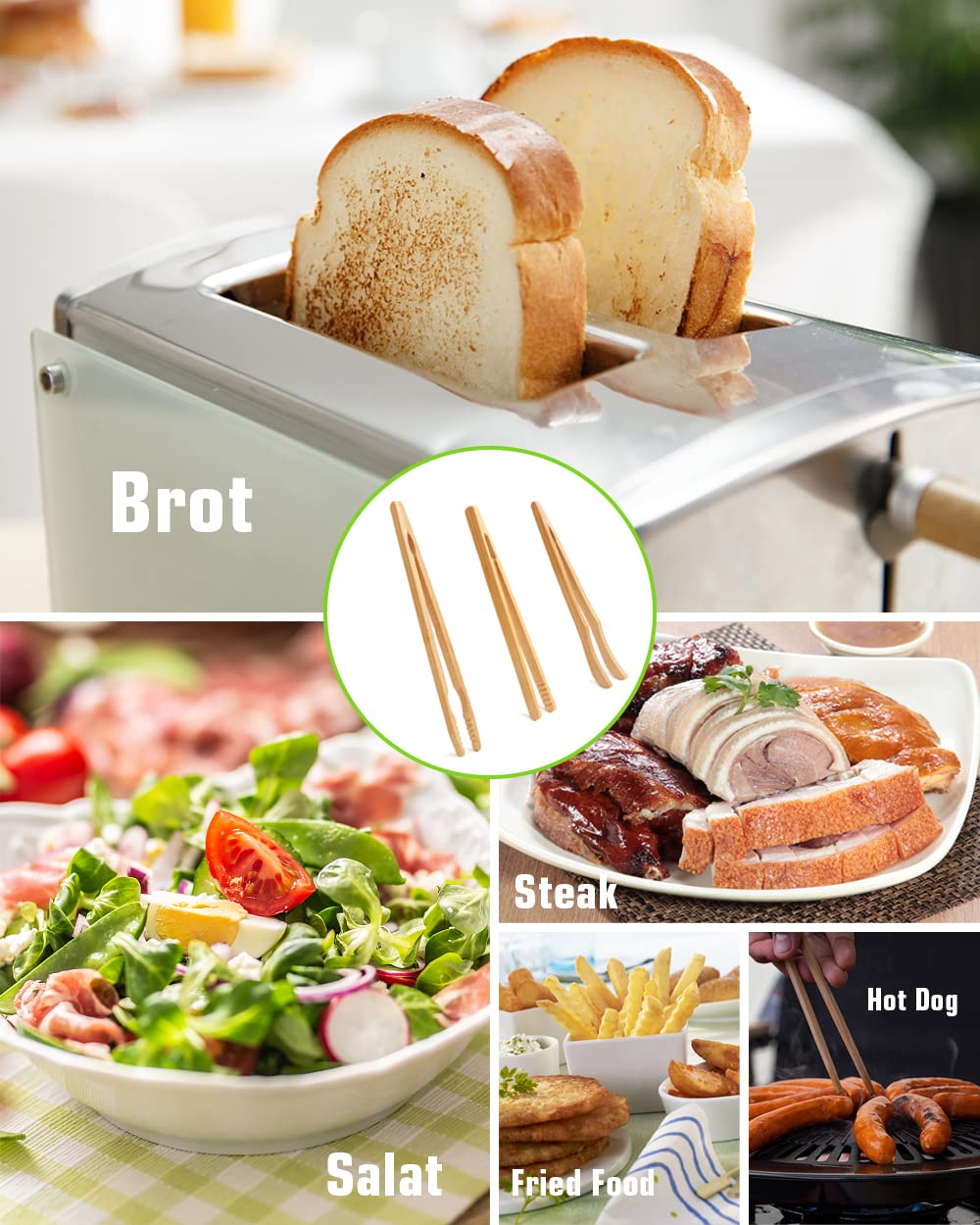 Pinze Da Cucina In Legno E Acciaio Inox 38 Cm – Antiscivolo E Resistenti Al Calore Per BBQ E Insalata