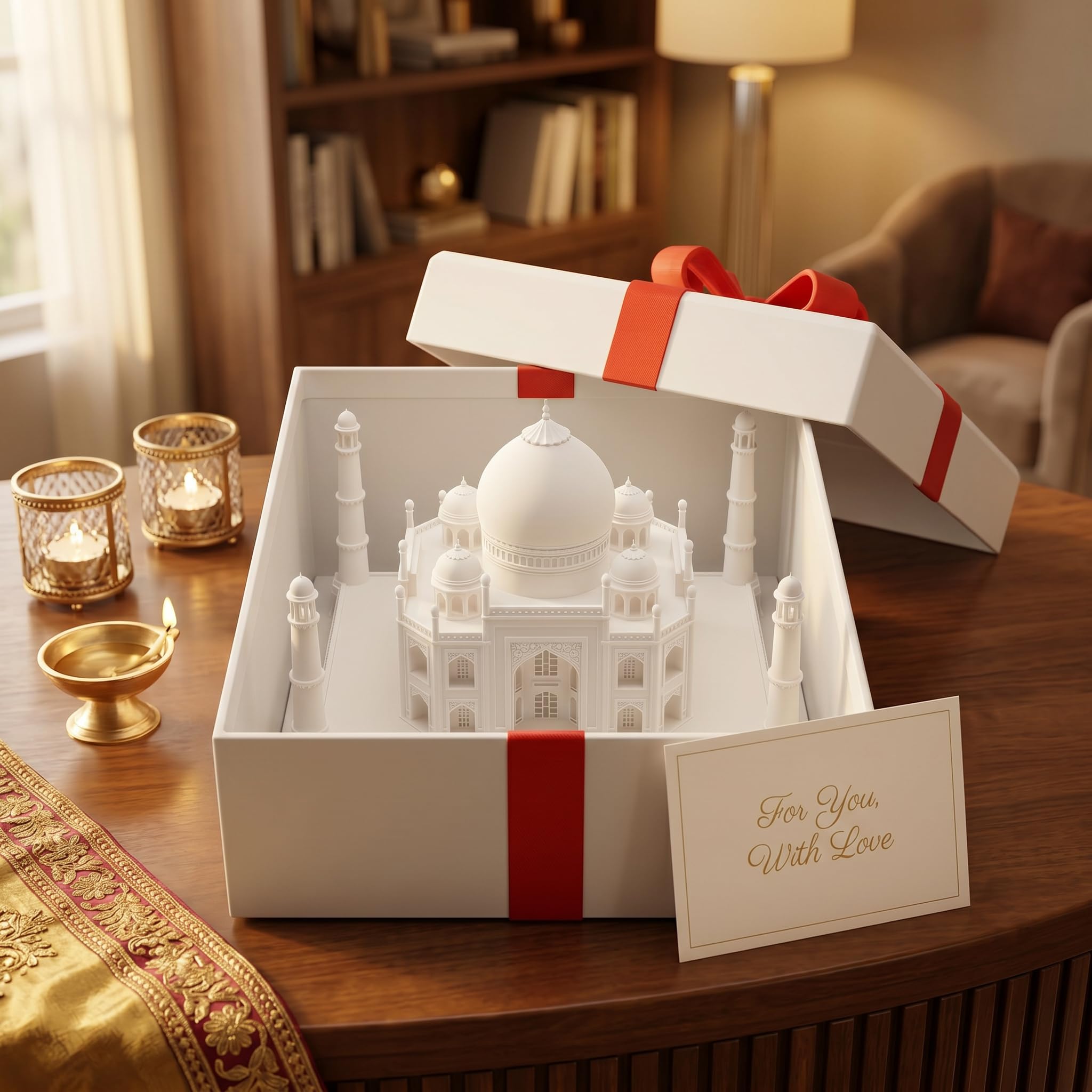 Taj Mahal Decorative Showpiece with White Gift Box & Assorted Ribbon, 8.5 cm Indian Souvenir Gift for Home Decor, Table Decor, Return Gifts & Gifting-image-38