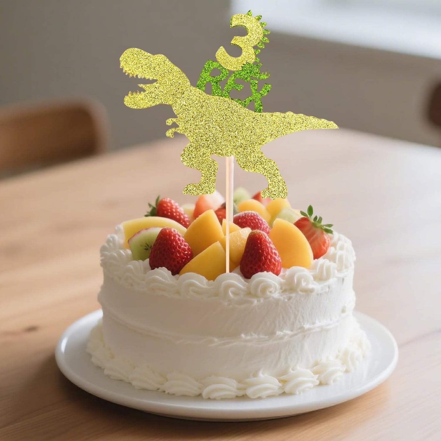 Dinosaur 3rd Happy Birthday Cake Topper - Gold Glitter Rex Cake Decor for Three Year Old Dinosaur Theme Birthday & Baby Shower Parties - Image 4