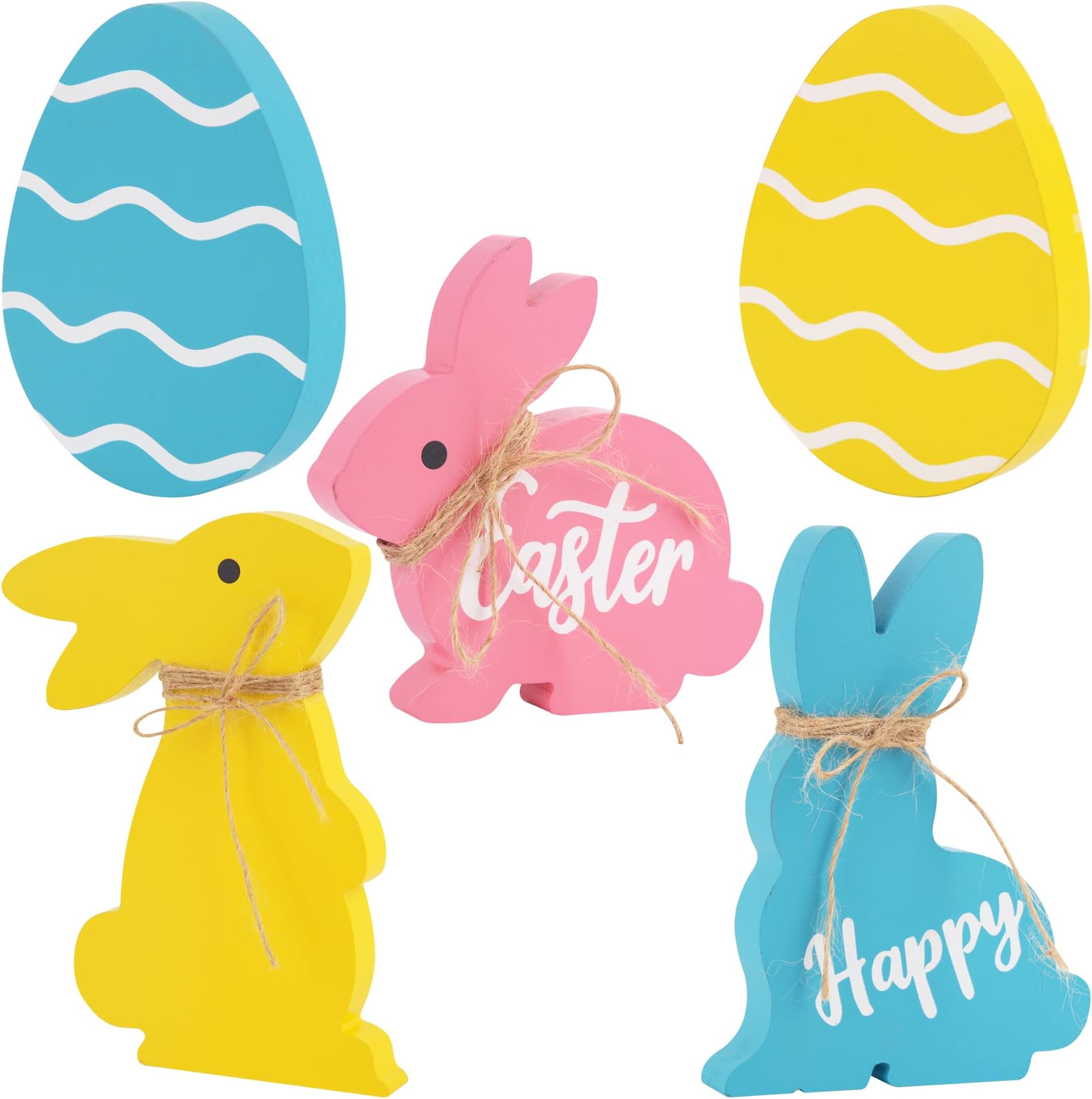 KEYIDO Easter Decorations Home Easter Bunny Table Decorations 5PCS Wood Cute easter Bunny Decor wooden Rabbit Eggs with Jute Twine Arts and Crafts for Springtime Goodies Favours