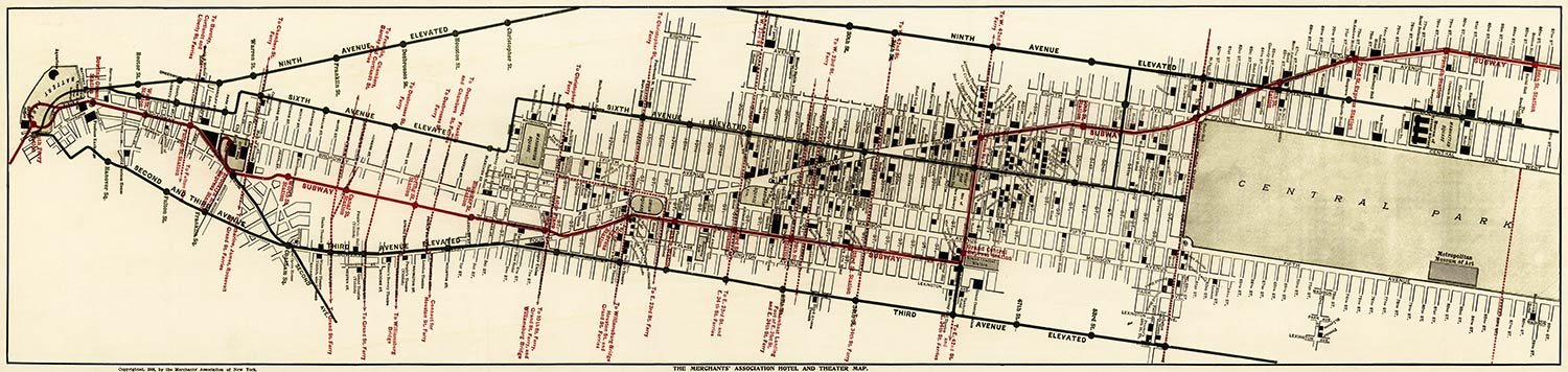 Antiguos Maps - Large Map of New York City Merchants' Association Hotels & Theaters Circa 1906 - Measures 24 in x 100 in (610 mm x 2540 mm)      Kitchen