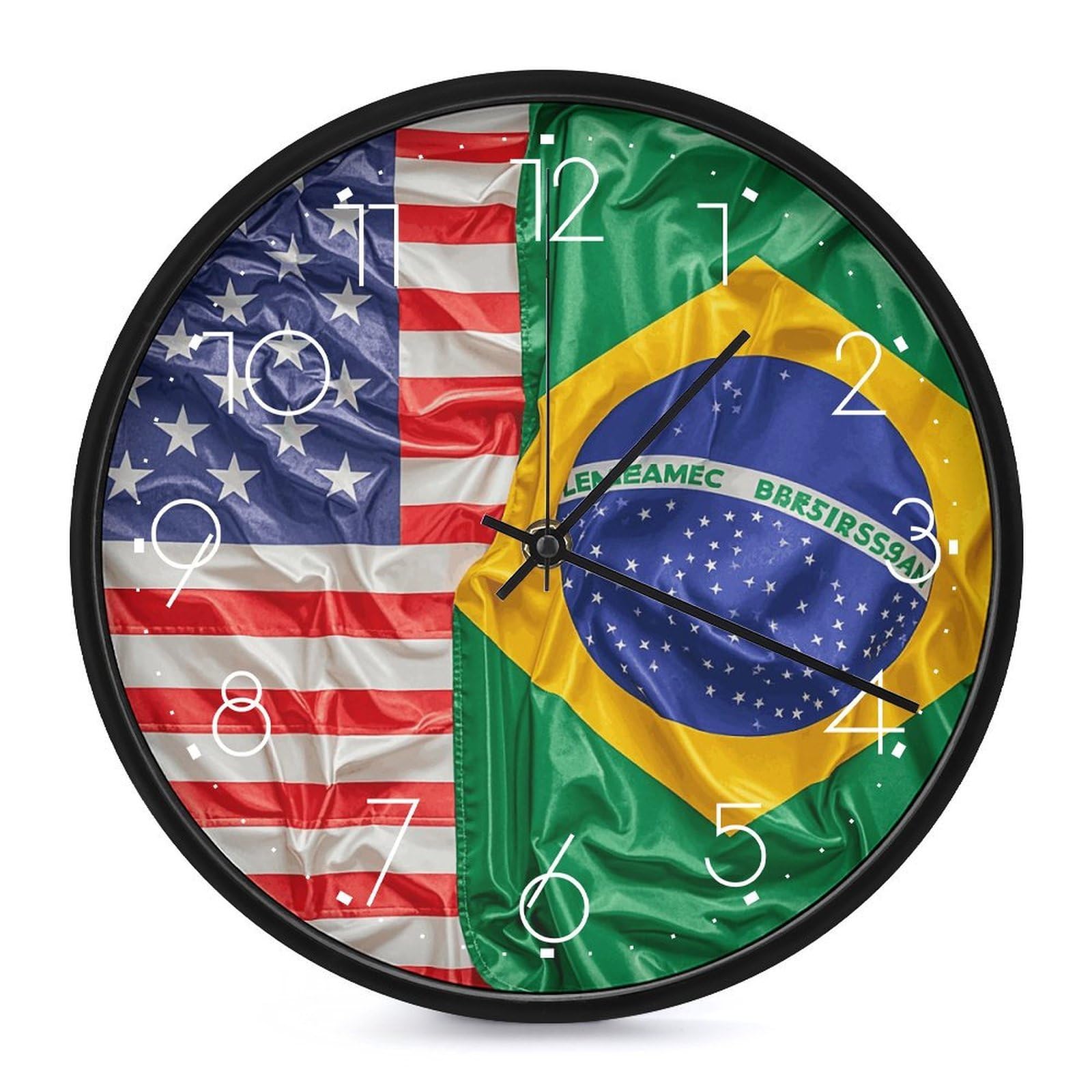 Horloge murale ronde 25,4 cm silencieuse avec drapeaux USA et Brésil
