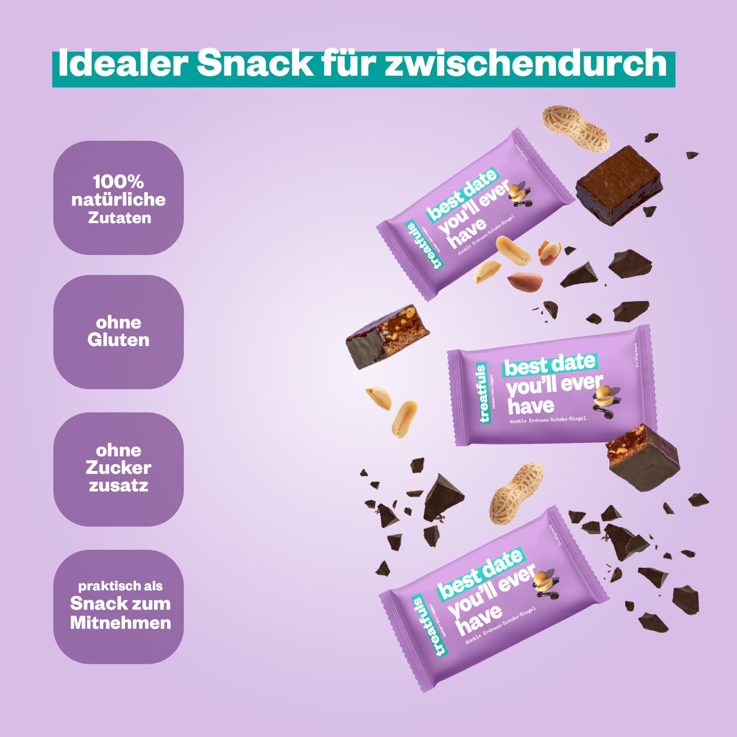 treatfuls dunkle Bio-Erdnuss-Schoko Riegel 20 x 40g | Datteln und Erdnüsse | vegan | 100% natürliche Zutaten | glutenfrei | laktosefrei | ohne Soja