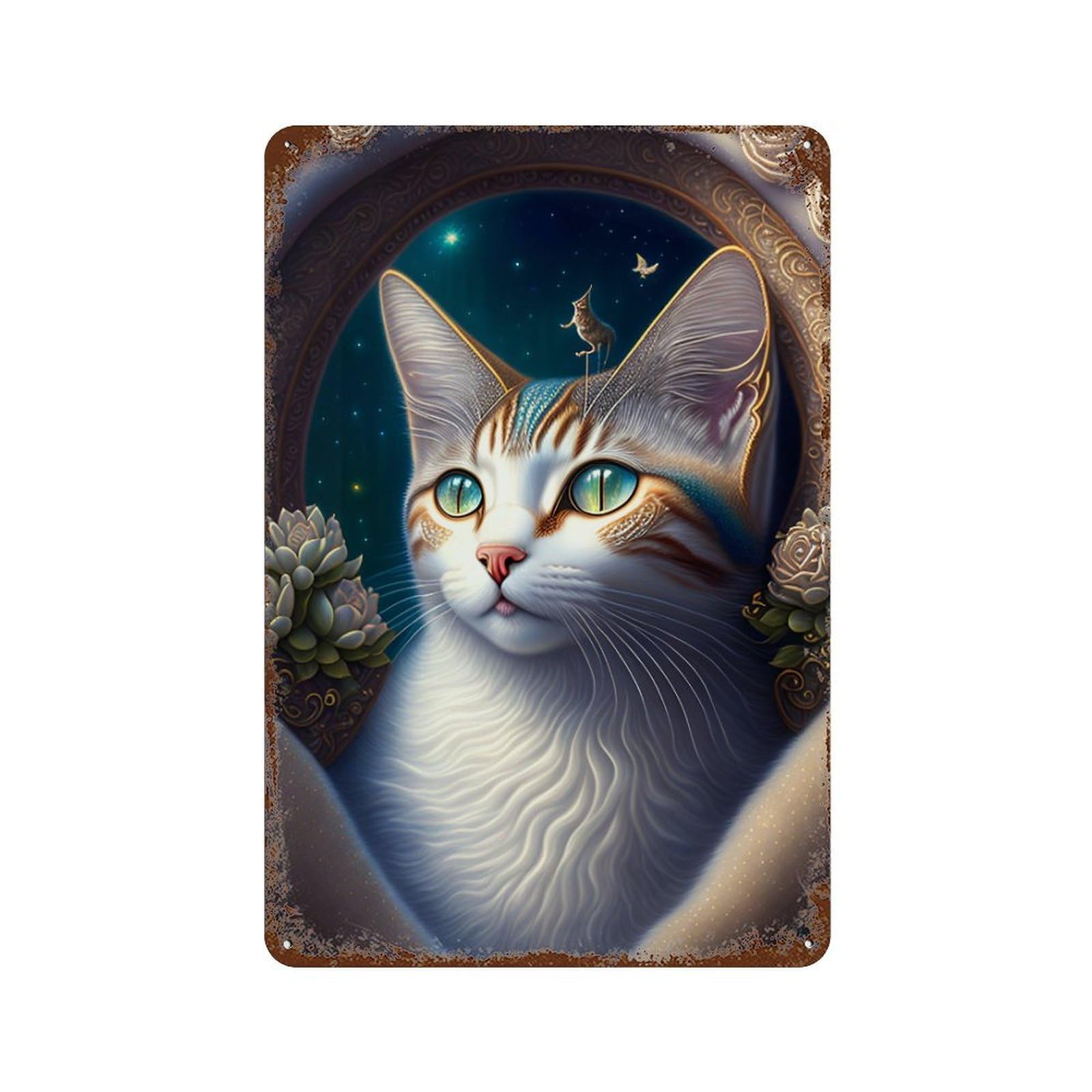 Enchanted Celestial Cat Art Print 11.8"x7.9" Vintage Metal Tin Sign, Novelty Wall Decor for Basement, Hobby Room And Garage Decor