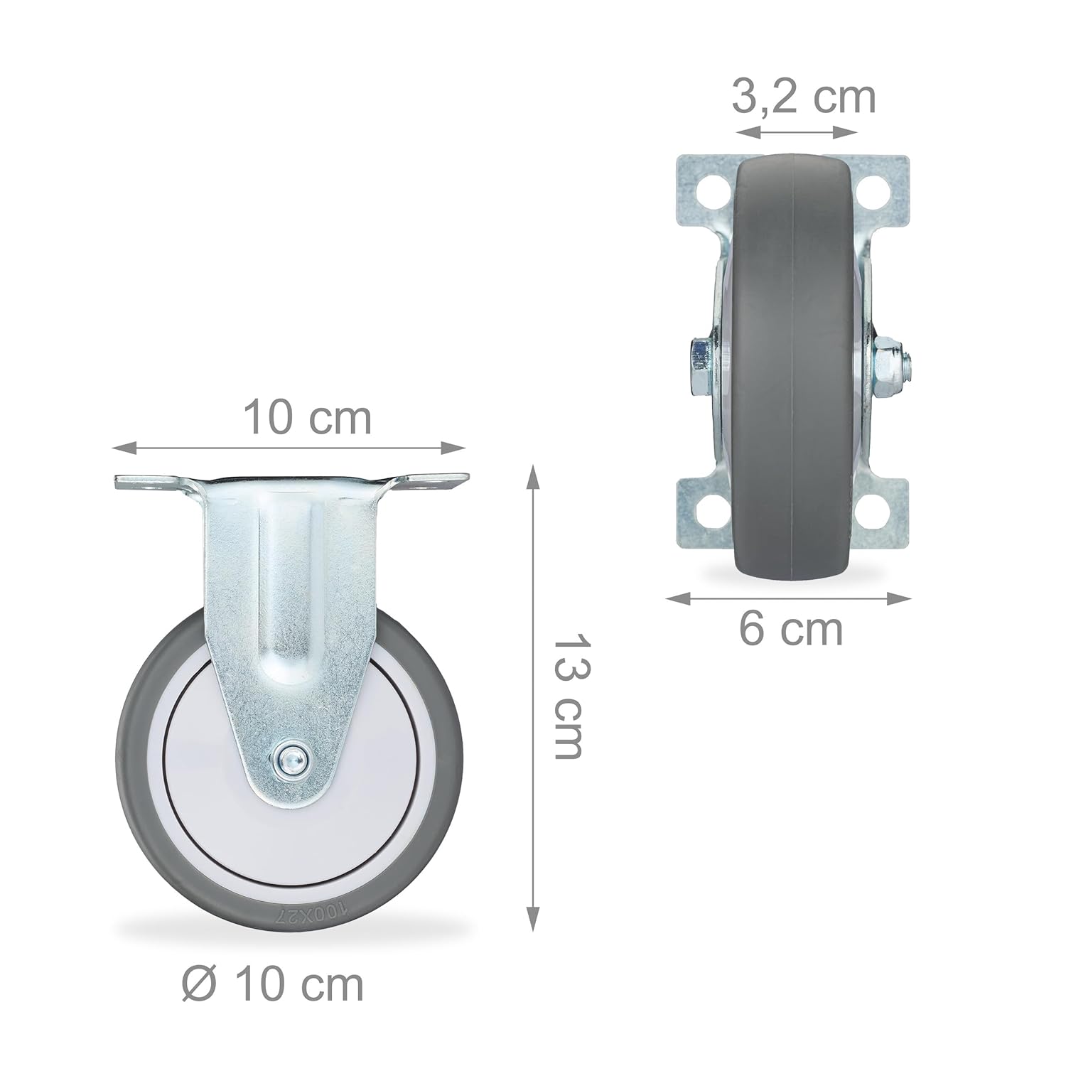 Relaxdays Fixed Castor, Set of 4, 100 mm, Load Capacity 400 kg, TPR, Steel Plate, Ball Bearings, Traceless, Sound-Absorbing, Grey/Silver