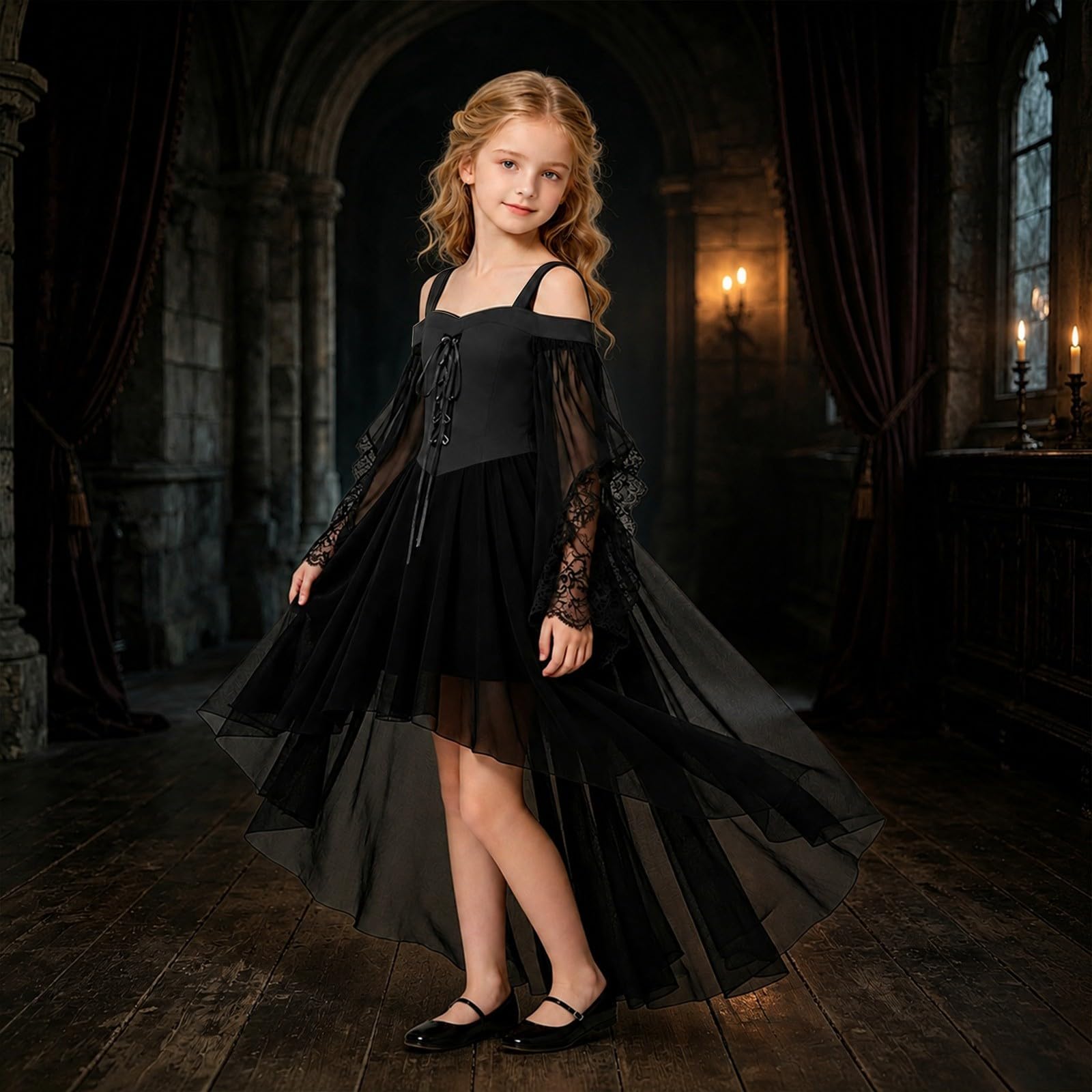 Vokuhila - Vestito medievale per Halloween, per bambine, gotico, cosplay | Vestito da principessa per bambini, a maniche lunghe, con spalle scoperte, in pizzo, stile vittoriano, vampiro, carnevale