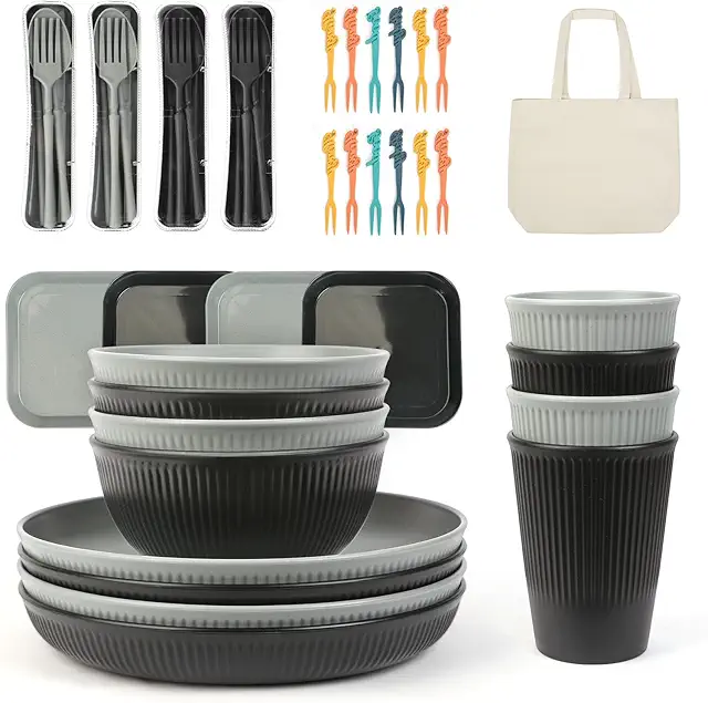 ZgoEC 49pcs Camping Geschirr Set 4 Personen, Unzerbrechliches Plastikgeschirr mit Tragetasche