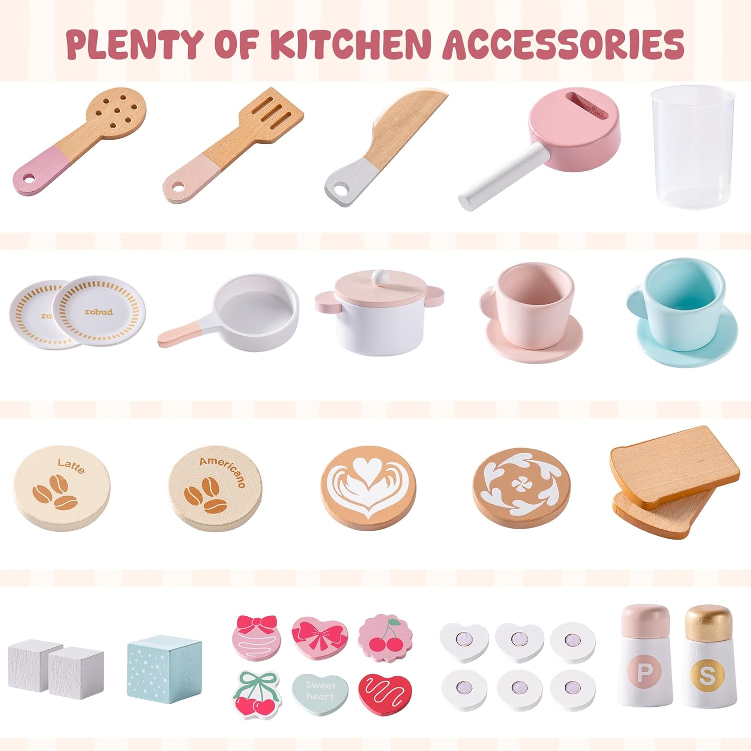Assortment of play kitchen accessories including utensils, pots, plates, and pretend food