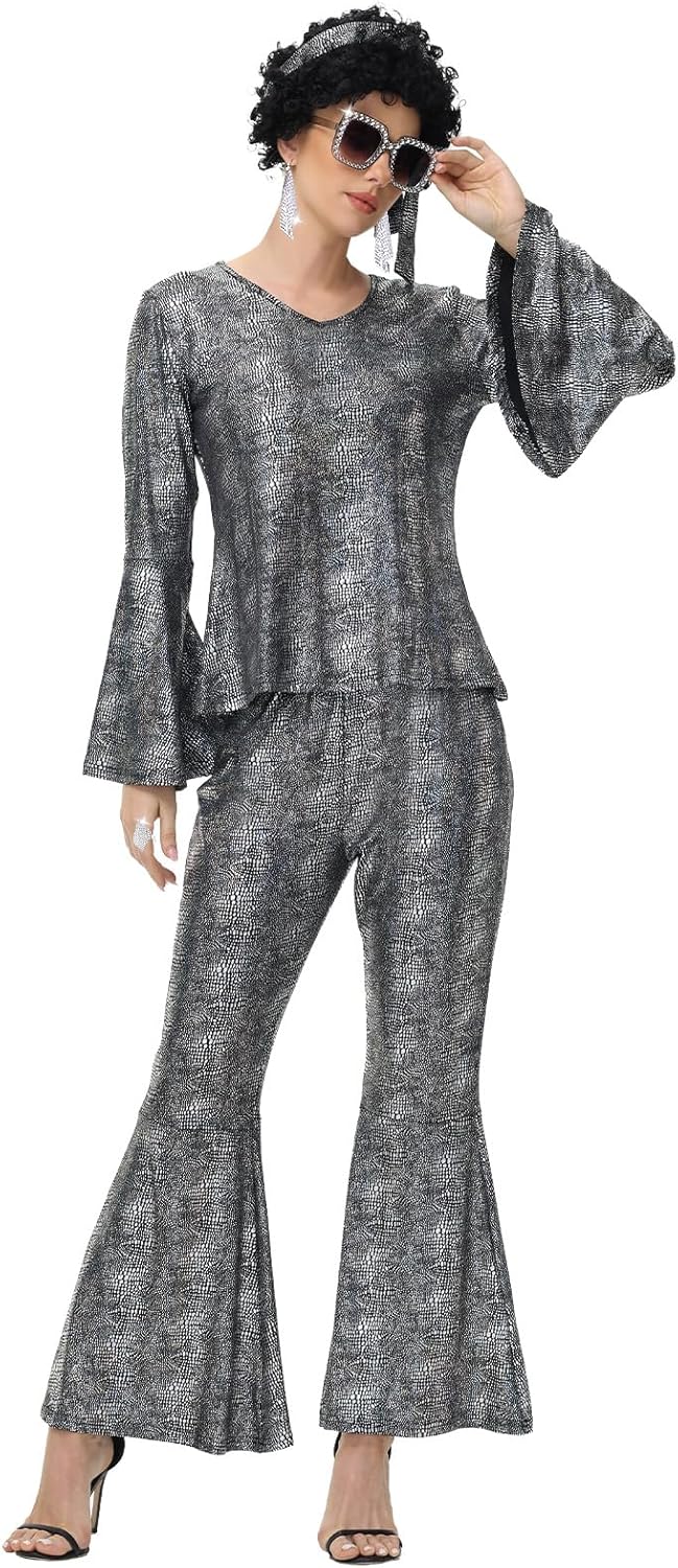 70s Disco Outfits for Women, Retro 8 PCS Disco Costume with Top, Pants, Sunglasses, Ring, Earrings, Wigand - Image 3