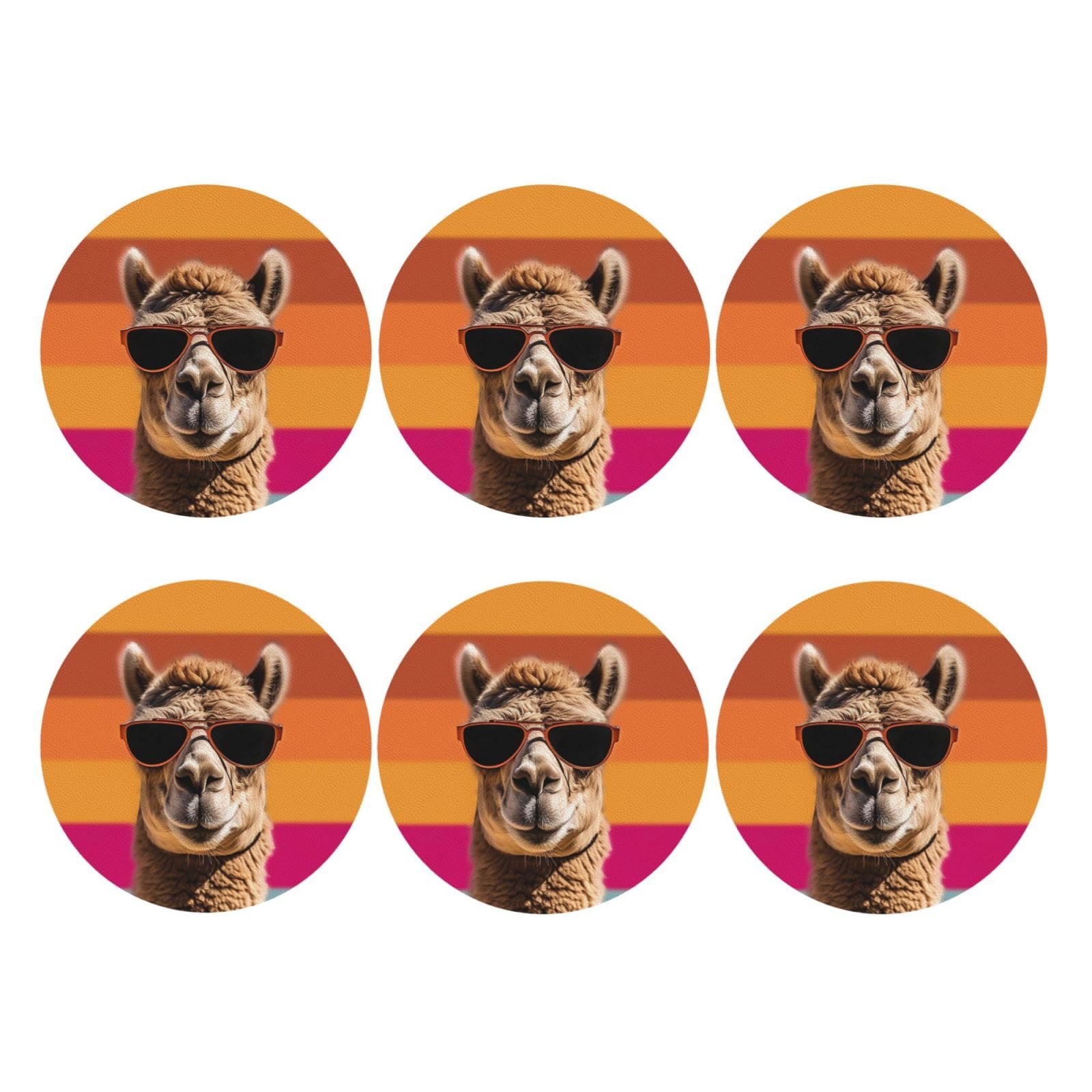 6pcs Leather Coasters for Drinks, Camel Wearing Sunglasses Drink Coasters for Tabletop Protection, 4" Cup Coasters for Coffee Table Decor, Non-Slip Drinking Cup Mat for Hot Or Cold Drink
