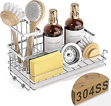 VANZAVANZU Sink Caddy - 304 Stainless Steel Kitchen Sink Organizer, Large Capacity Sponge Holder for Kitchen, Removable Brush Holder, Drain Tray & Non-Slip Rubber Base, Space-Saving Design