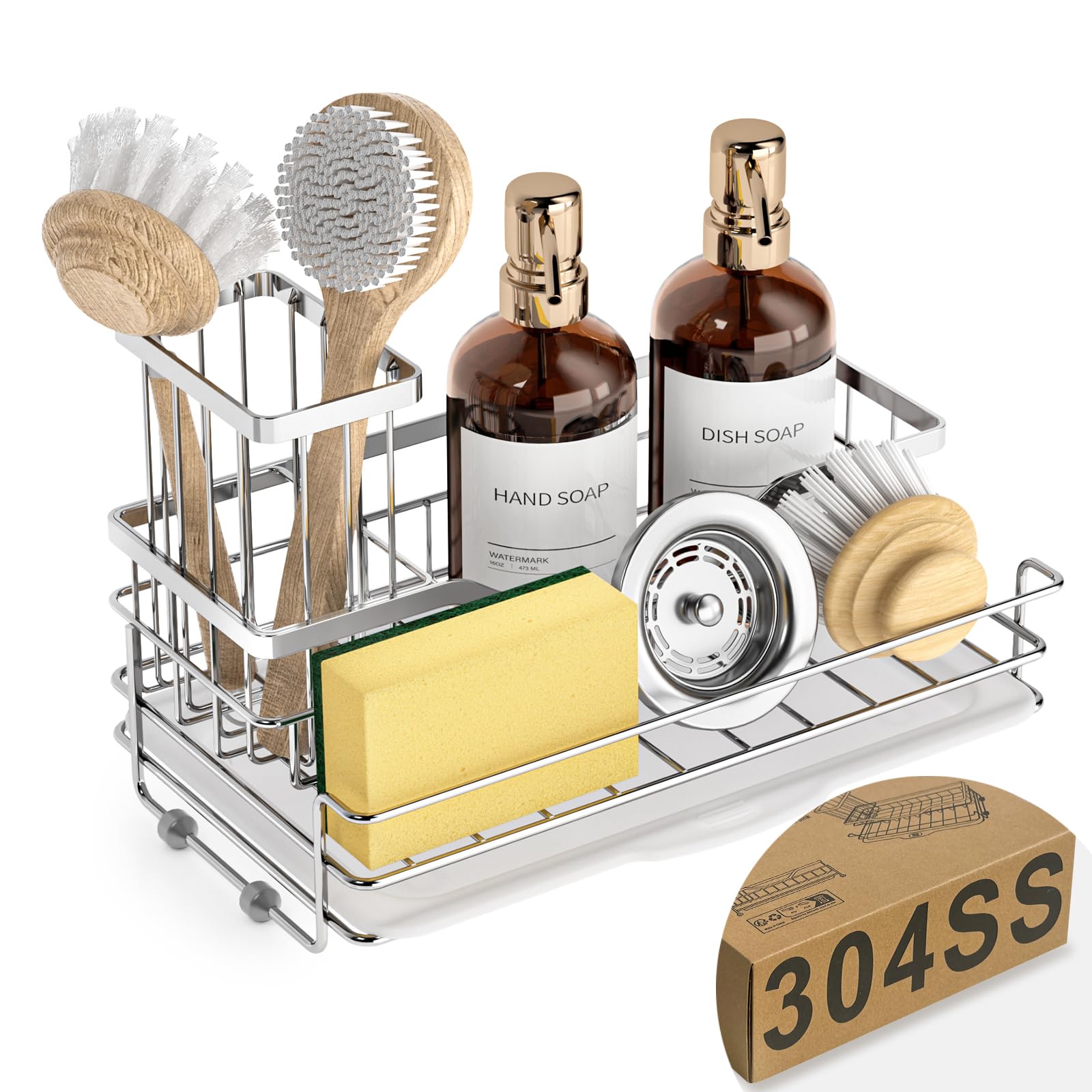 VANZAVANZU Sink Caddy - 304 Stainless Steel Kitchen Sink Organizer, Large Capacity Sponge Holder for Kitchen, Removable Brush Holder, Drain Tray & Non-Slip Rubber Base, Space-Saving Design