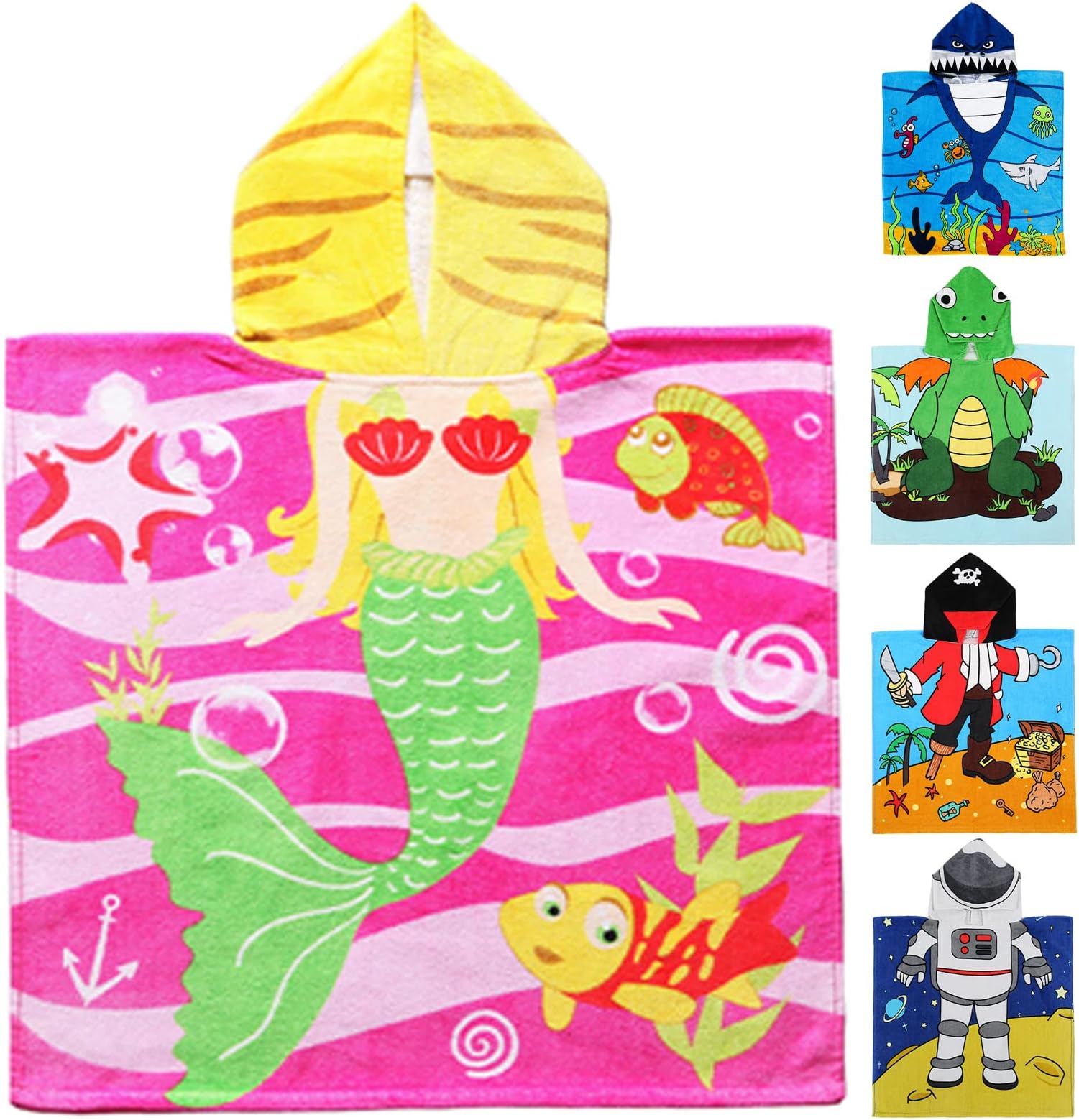 Exclusivo Mezcla Cotton Hooded Baby/Toddler/Kids Beach Towel, Super Soft Cartoon Poncho Bath/Pool Towel for Boy and Girl (24" x 47", Mermaid)