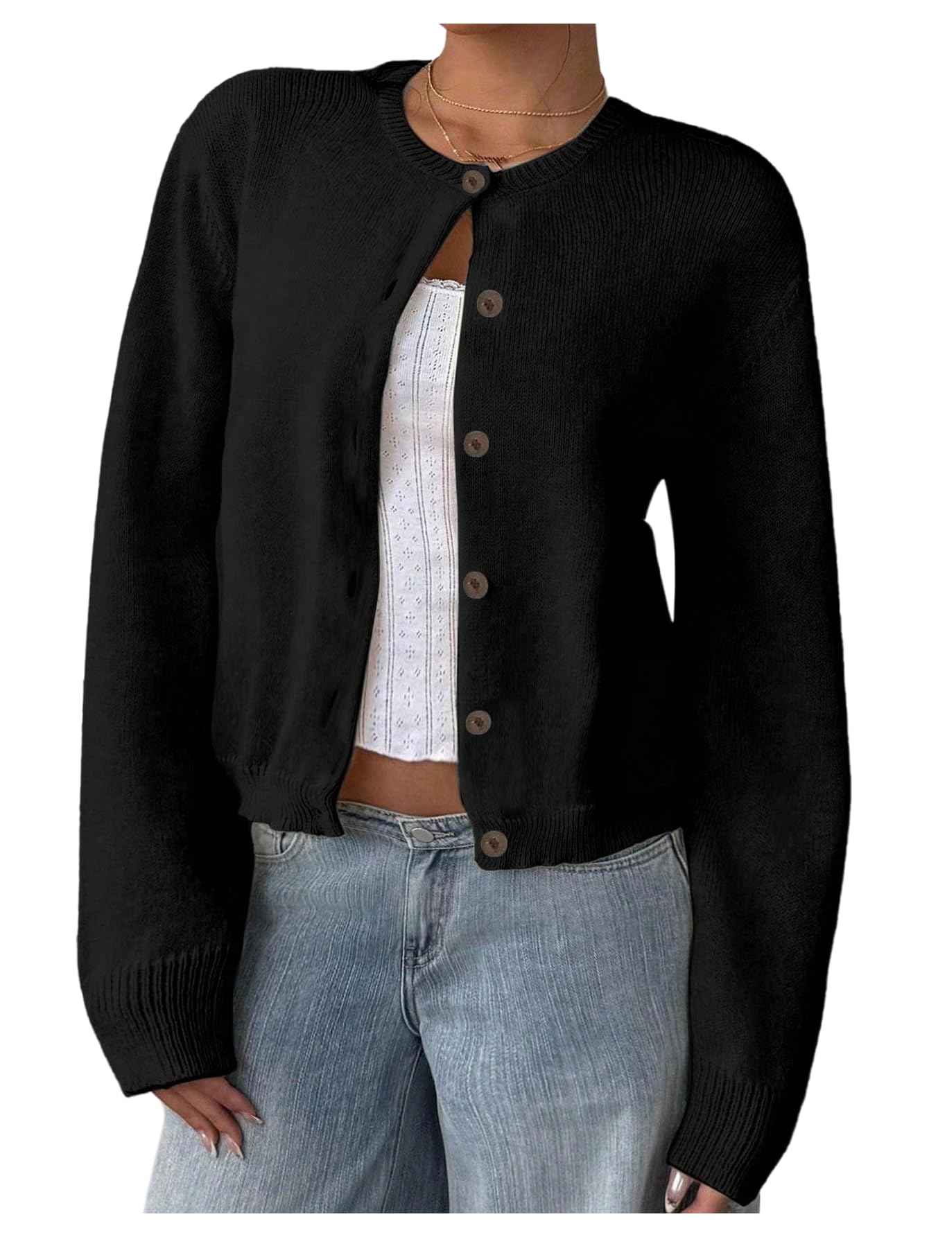 Womens Button Down Crewneck Cardigan Long Sleeve Knit Lightweight Cardigan Sweaters Streetwear