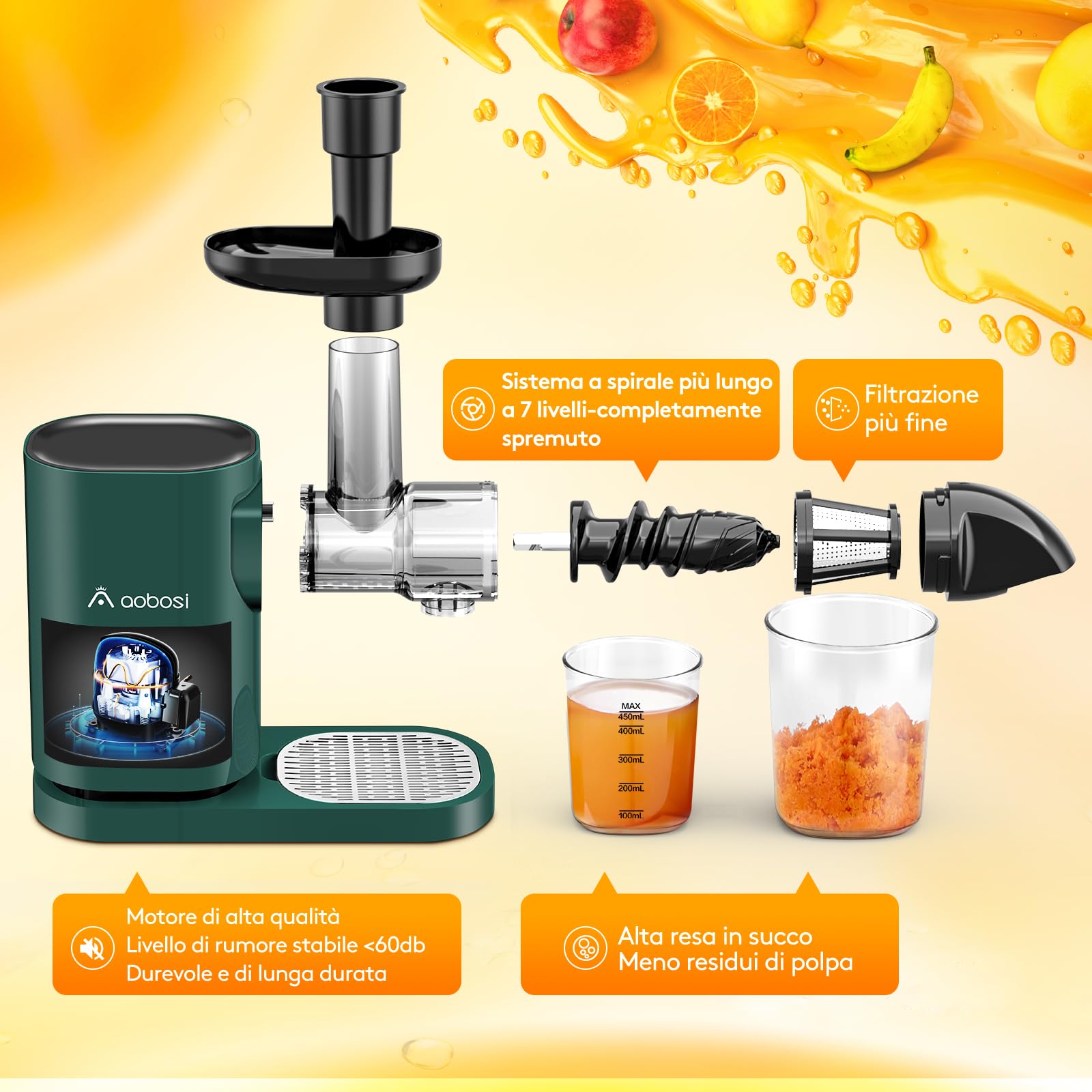Aobosi Estrattore Frutta e Verdura, Estrattore di Succo a Freddo con Motore Silenzioso e Funzione Inversa, senza BPA & Facile da Pulire & Spazzola（150 Watt/Verde）