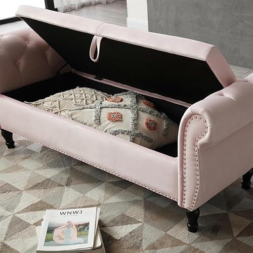 Miniatura 5 de HMFULE Taburete rectangular de almacenamiento multifuncional de 63 pulgadas, patas de madera maciza, banco tapizado de terciopelo con 1 almohada