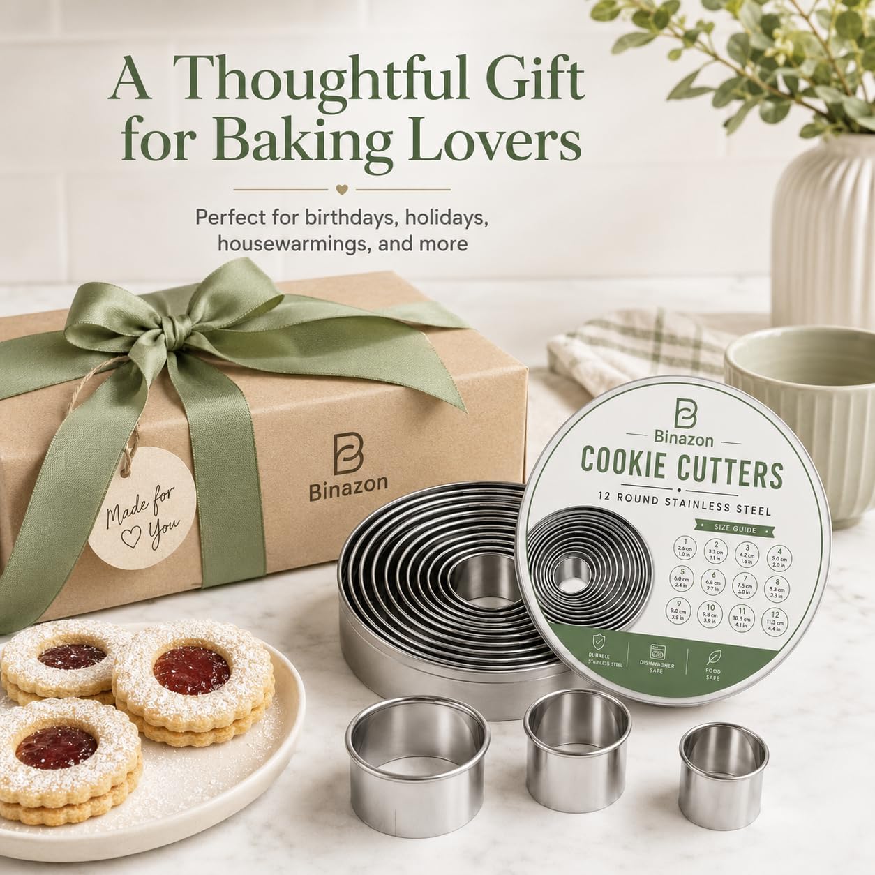 12-Piece Round Cookie Cutter Set, Stainless Steel Circle Biscuit Cutters with Storage Tin, Dishwasher Safe Pastry Cutters and Donut Ring Molds, Green Classic Tin Design