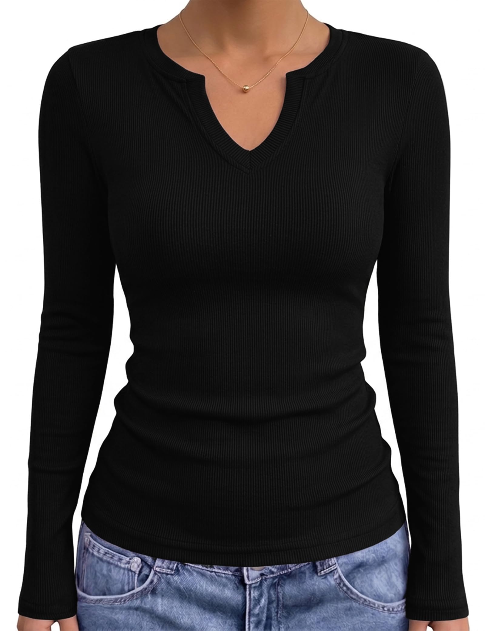 Gyabnw Damen Langarmshirt Gerippt V-Ausschnitt Basic Elegant Figurbetont Oberteil Shirt Longsleeve T-Shirt Herbst Winter