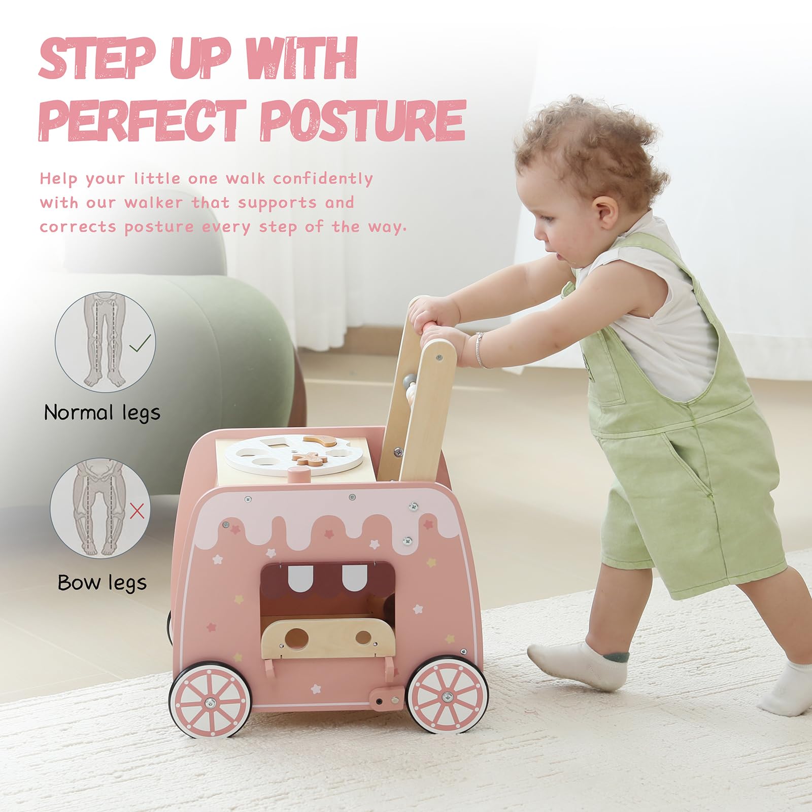 Wooden Baby Walker, Multifunctional Ice Cream Cart Activity Toy for Learning to Push Walk with Wheels, Pretend Playset Ideal for Toddlers, Boys and Girls Ages 1-3