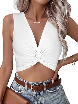 Vrtige Womens V Neck Twist Front Sleeveless Ribbed Knit Sexy Tank Crop Top