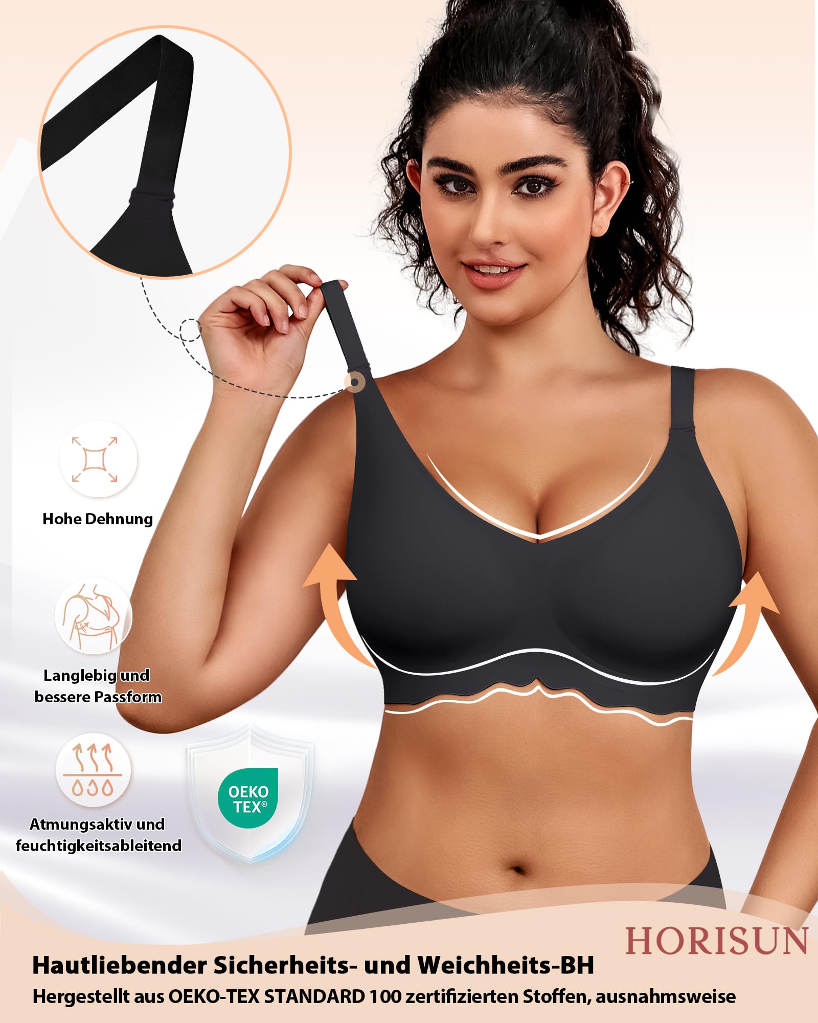 HORISUN Women's Non-Wired Bra, Push Up Bra with Strong Hold, Seamless V-Neck Bras Without Underwire, Comfortable T-Shirt Bra & Sleep Bra, Padded Bustier for Everyday and Yoga - 3
