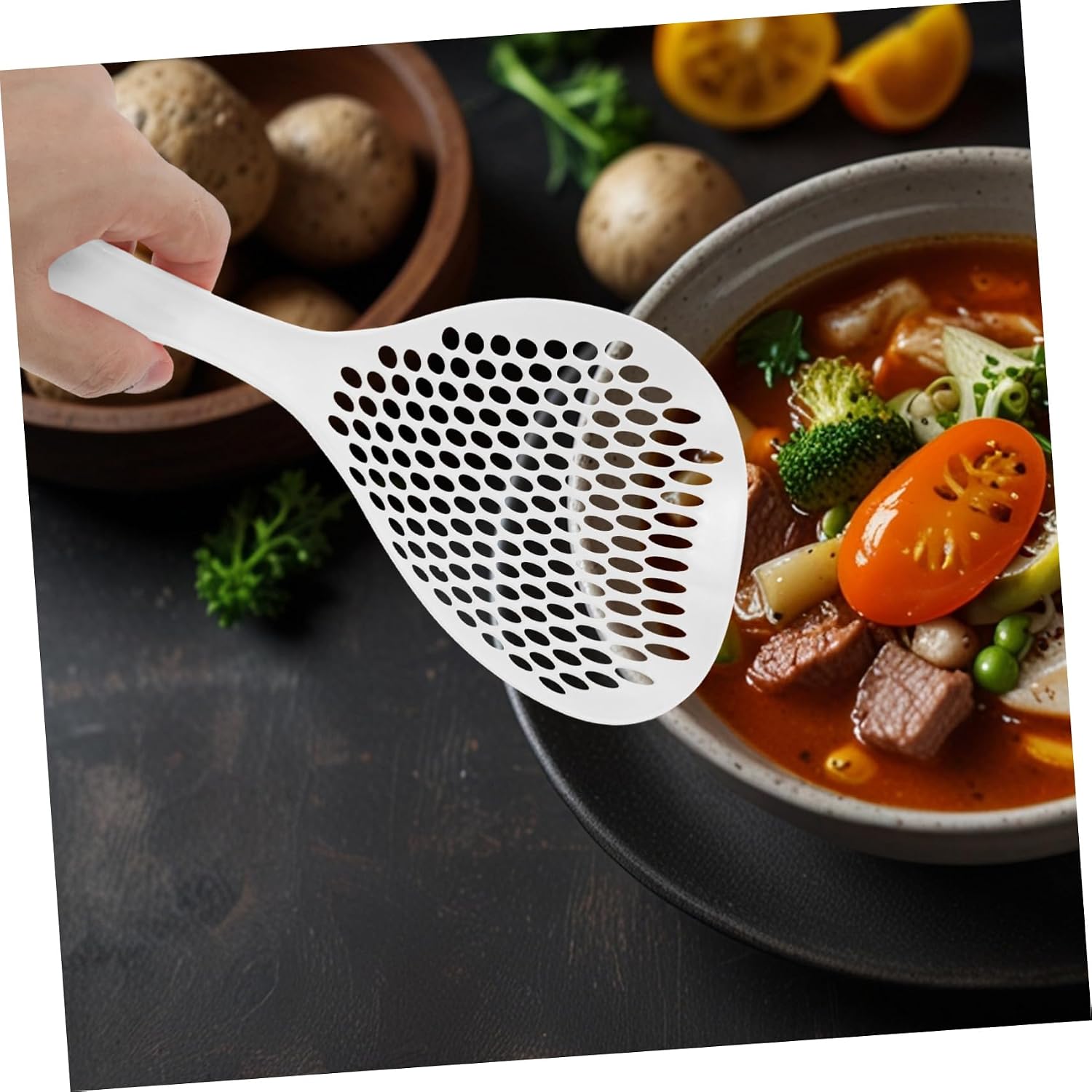 VALICLUD Thickened Long Handle Strainer Spoon Slotted Skimmer for Pasta Vegetables Salad White Comfortable Grip Mesh Design for Water Drainage Safe Kitchen Utensil